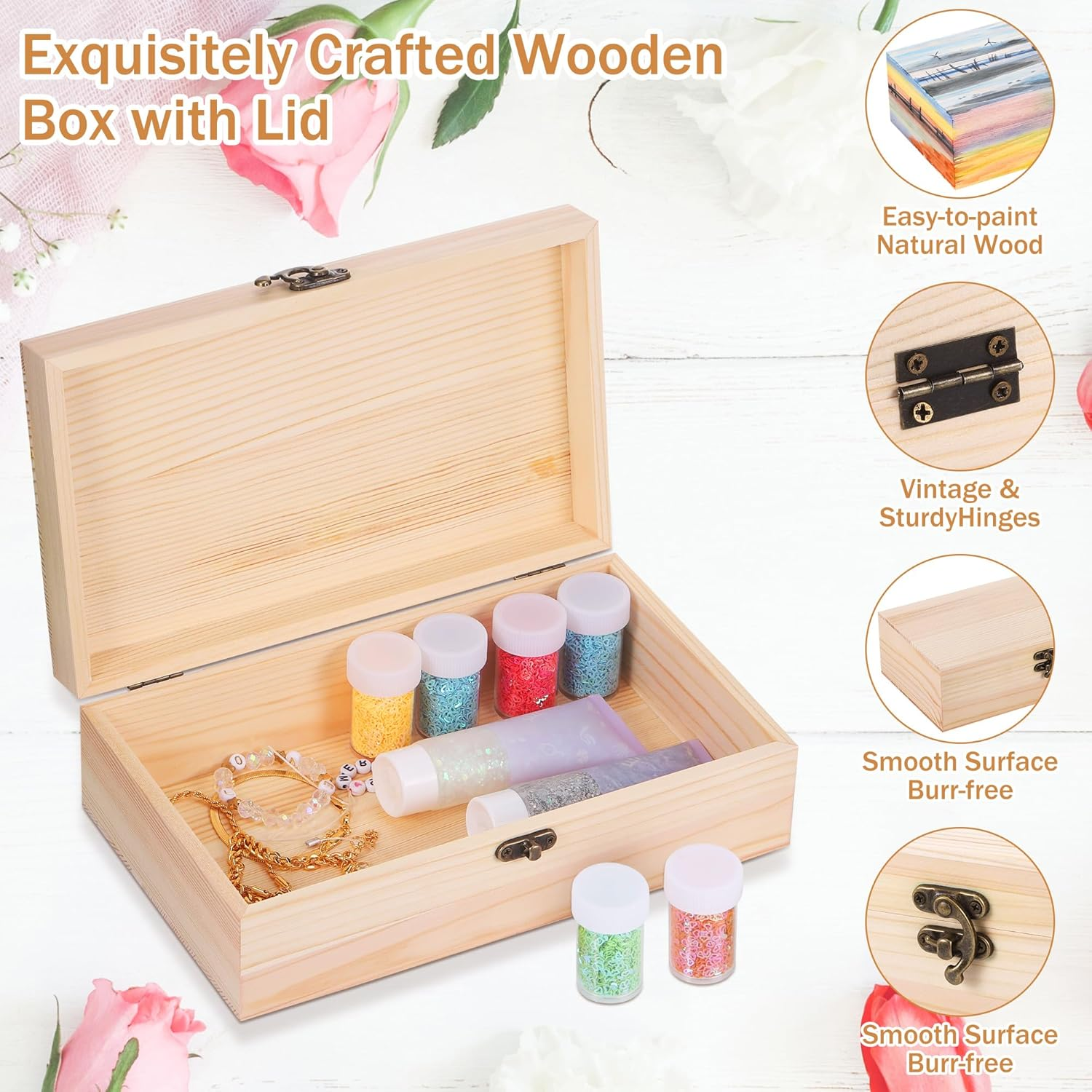 Unfinished Wooden Box with Lid, 25X15X8Cm Small Wooden Box with Hinged Lid & Locking Clasp, Pine Wood Small Wood Crate Boxs, Arts and Crafts Storage Box for Home Table Decoration Keepsake image number 3
