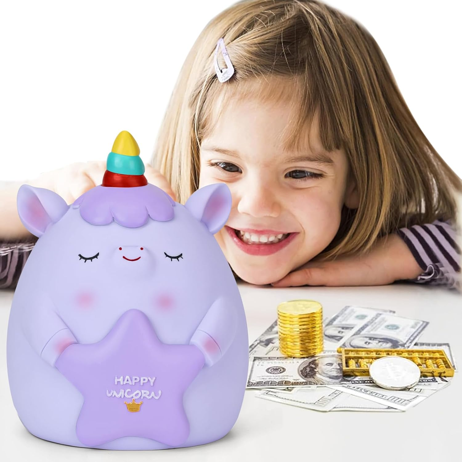 PHOCAS Unicorn Piggy Bank Unbreakable Cute Pink Pig Money Bank Plastic Money Box Kids for Christmas Birthday Gift (Pink)