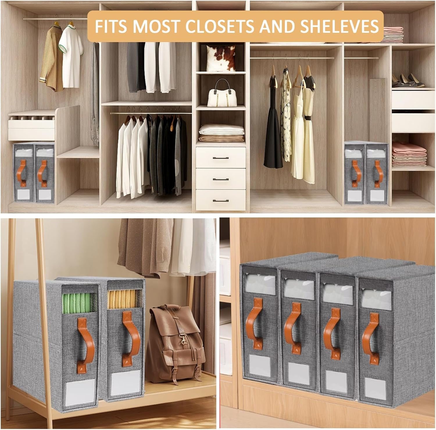 Foldable Bed Sheets Organizers and Storage(King & Queen Size),Linen Fabric Closet Organizers with Window,Folding Bedding Storage Box for Bedsheets and Pillow Cube Organizer (8 Pack Grey)