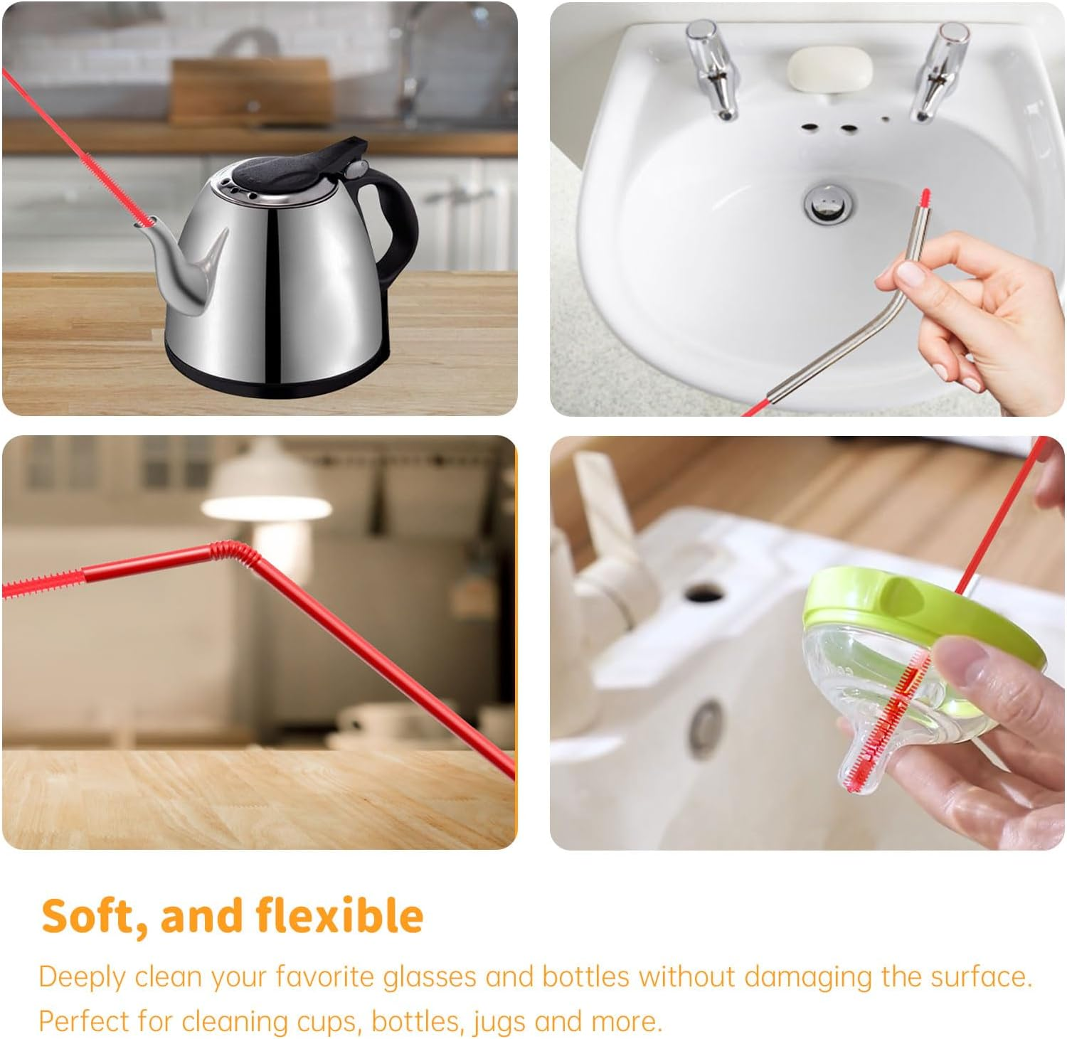 4Pcs Silicone Straw Cleaner Brush Extra Long, Water Bottle Cleaner Brush for Washing Narrow Neck Containers, Reusable Straw Brushes for Cleaning Straws (4Pcs) image number 1