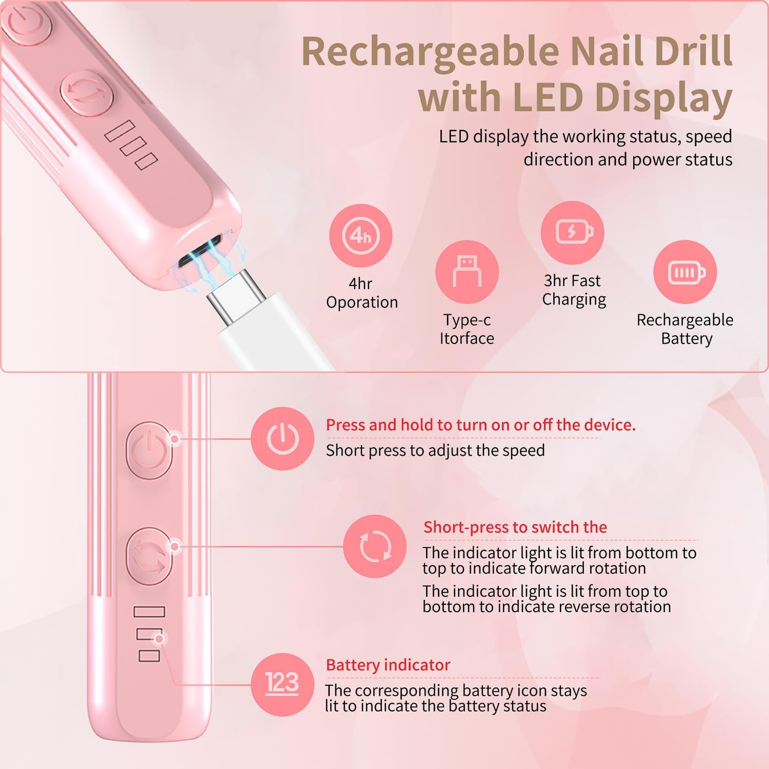 Xunmotoryao Electric Nail Cutter Professional Electric Nail File for Gel Nails USB Rechargeable 20000 Rpm Manicure Pedicure Set Pink image number 3