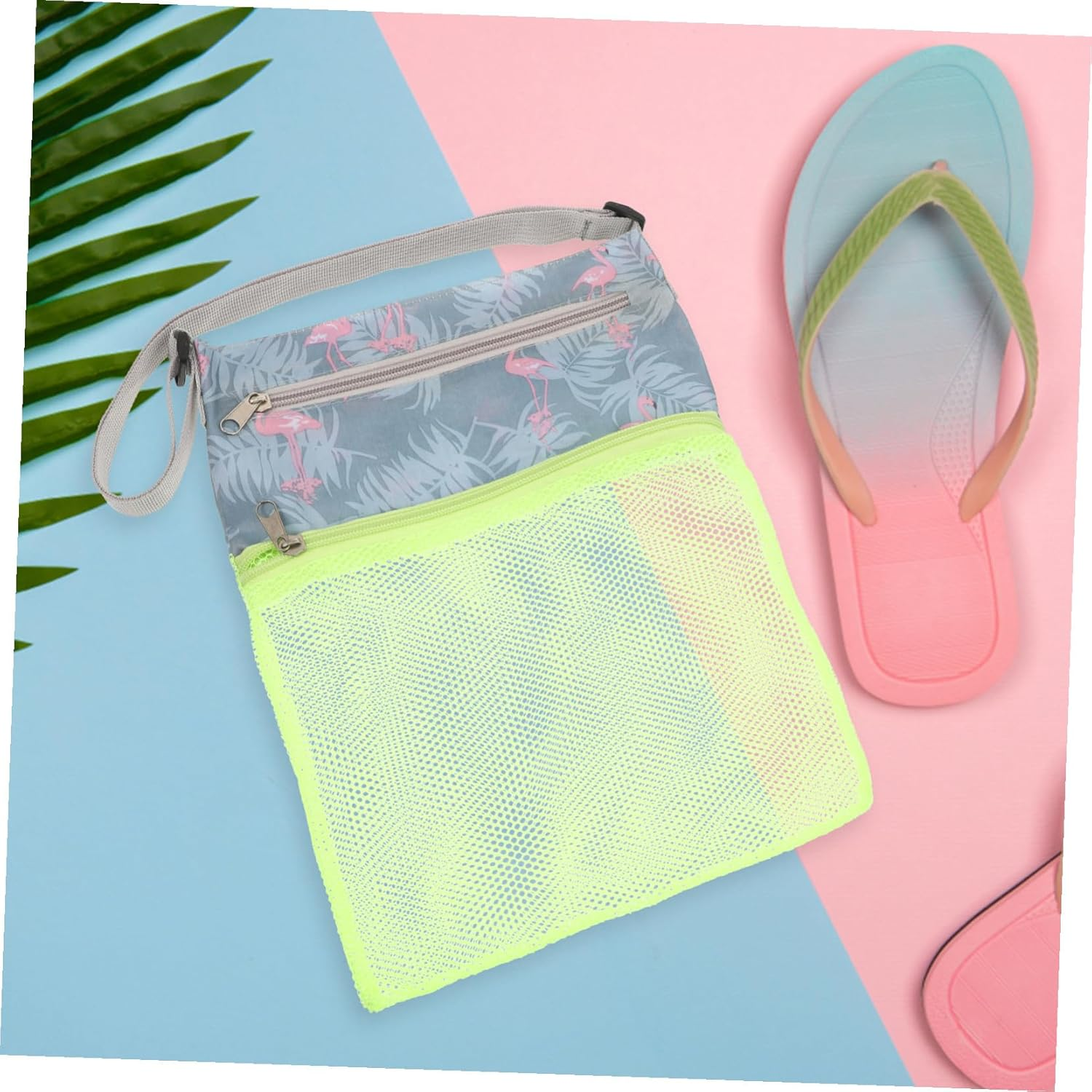 DIKACA Wear-Resistant Portable Mesh Beach Bag with Dual Zipper Pockets Capacity Collecting Supply Tote for Towels Swim Gear Outdoor Travel and Camping Lightweight for Adults image number 2