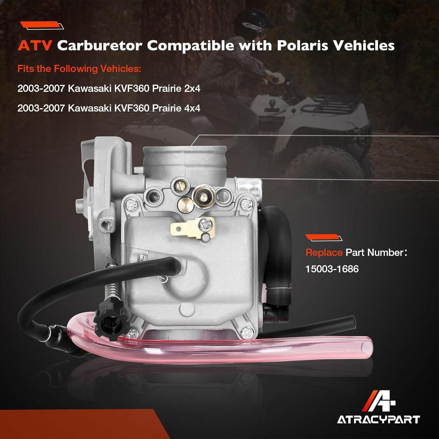 KVF 360 Carburetor Compatible with 2003-2013 Kawasaki Prairie KVF360 KVF360A KVF360B KVF360C Carb Replace# 15003-1686(With Air Filter & Oil Filter & Fuel Filter) image number 2