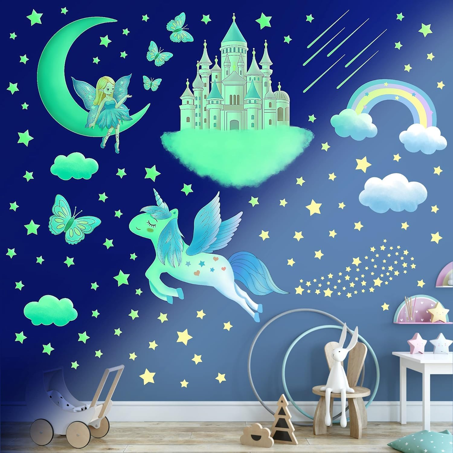 Glow in the Dark Stars for Ceiling,Unicorn Wall Decals Stickers for Girls Bedroom Glow in the Dark Stickers Vinyl Unicorn Castle Room Wall Decor for Baby Kids Girls Nursery Playroom Mural image number 2