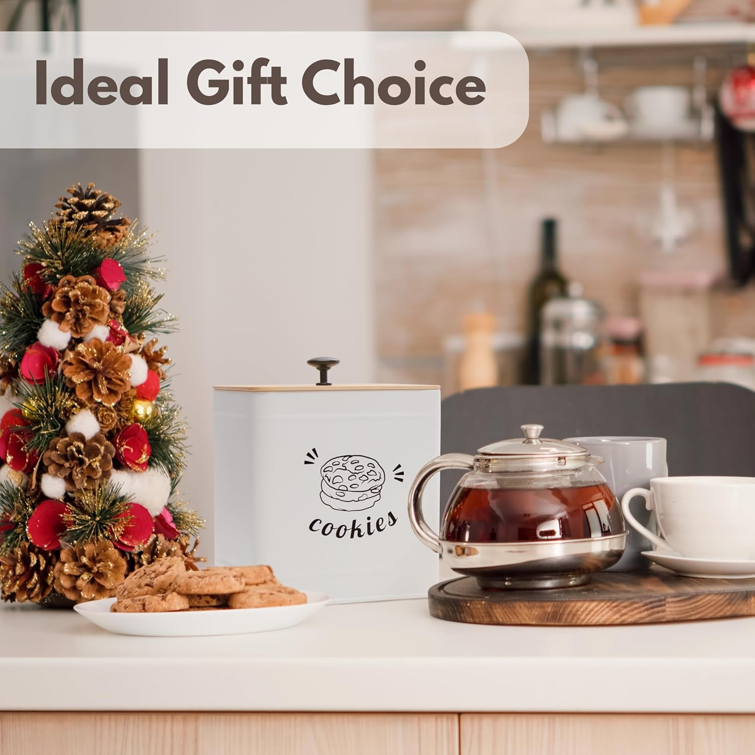 PERFNIQUE 3.5L Cookie Jar with Lid Airtight, Cookie Tin with Bamboo Lid, Cute Cookie Jars for Kitchen Counter Decorative, Food Storage Container for Candy, Cookies, Dessert, Farmhouse Home Decor