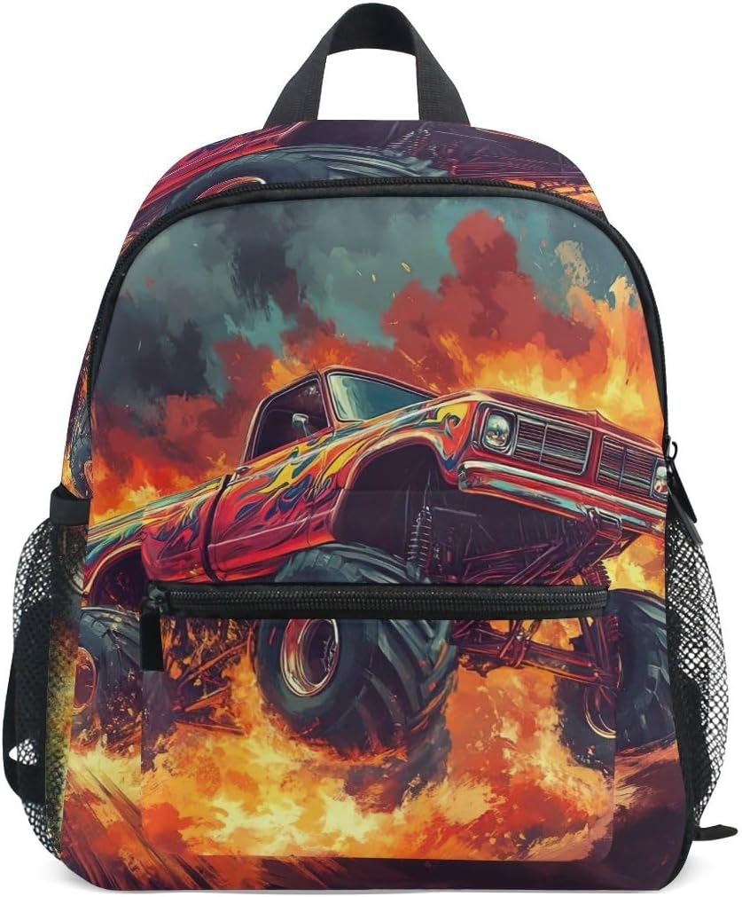 Monster Truck Backpack for Toddler Girls Boys, Small with Name Tag Kids School Bag, 3-8 Years image number 6