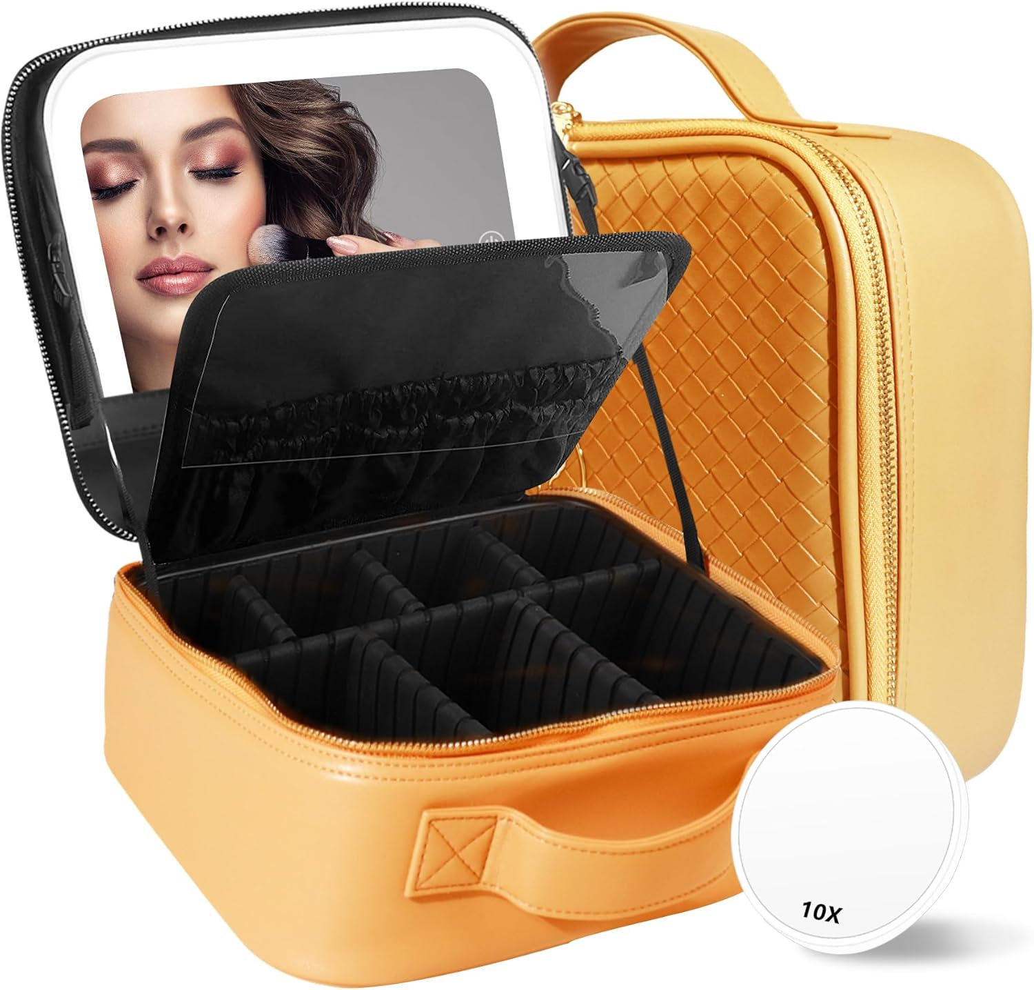 MOMIRA Travel Makeup Bag Cosmetic Bag Makeup Organizer Bag with Lighted Mirror, Adjustable Brightness in 3 Color Scenarios, Waterproof Makeup Train Case, Gift for Women - Apricot(Woven)