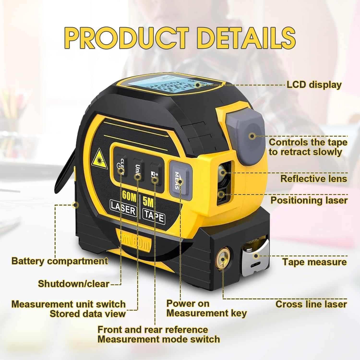 Chamgeco Almighty Ruler Laser Rangefinder, 3-In-1 Infrared Laser Tape Measure, 60M Digital Retractable Laser Measuring Sight with 5M Measuring Tape, Handheld Tape Measure Tool with Large LCD Display image number 6