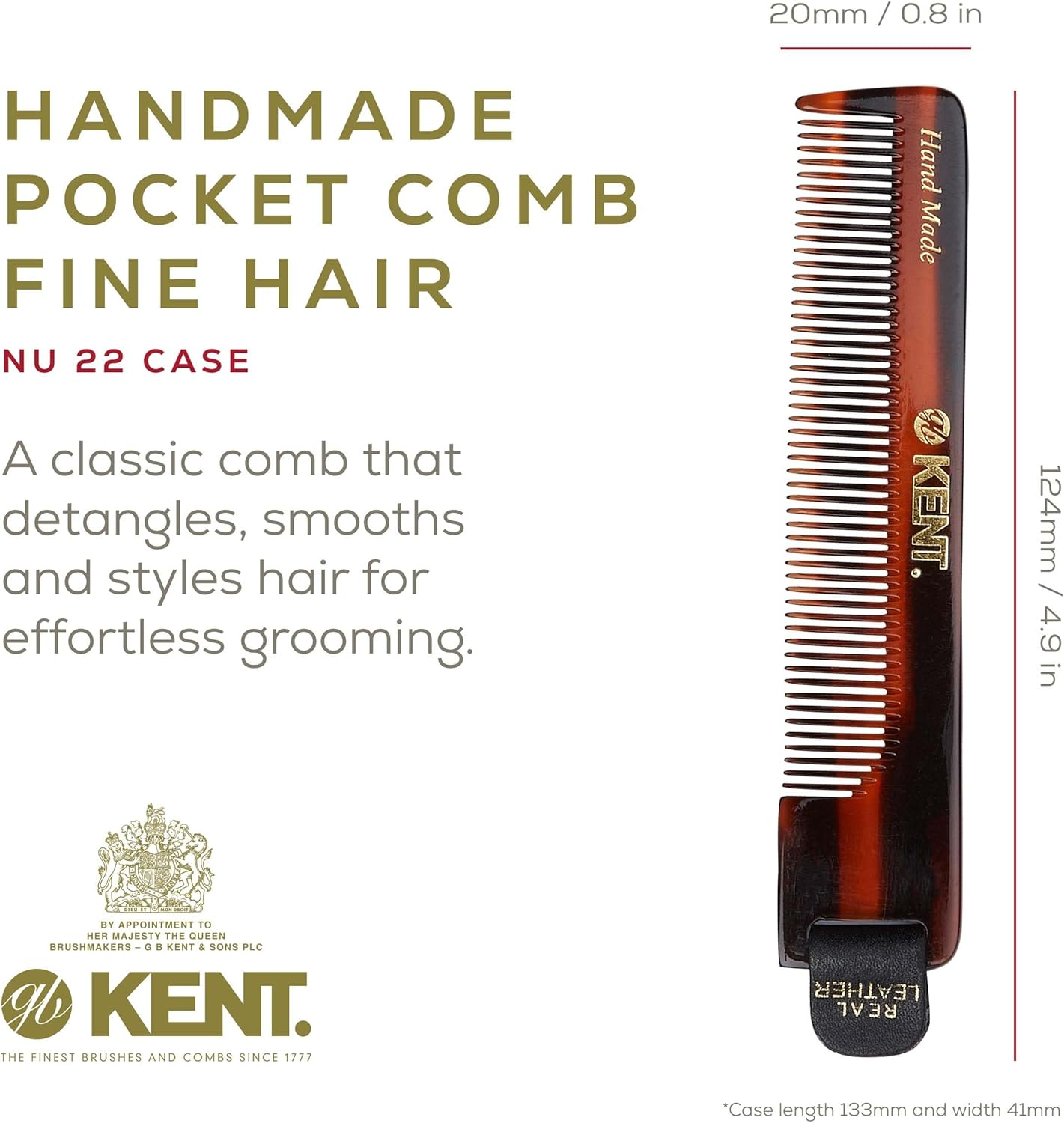 Kent Men'S Handmade Pocket Hair Comb with Leather Tab and Case, 112 Mm Length image number 4