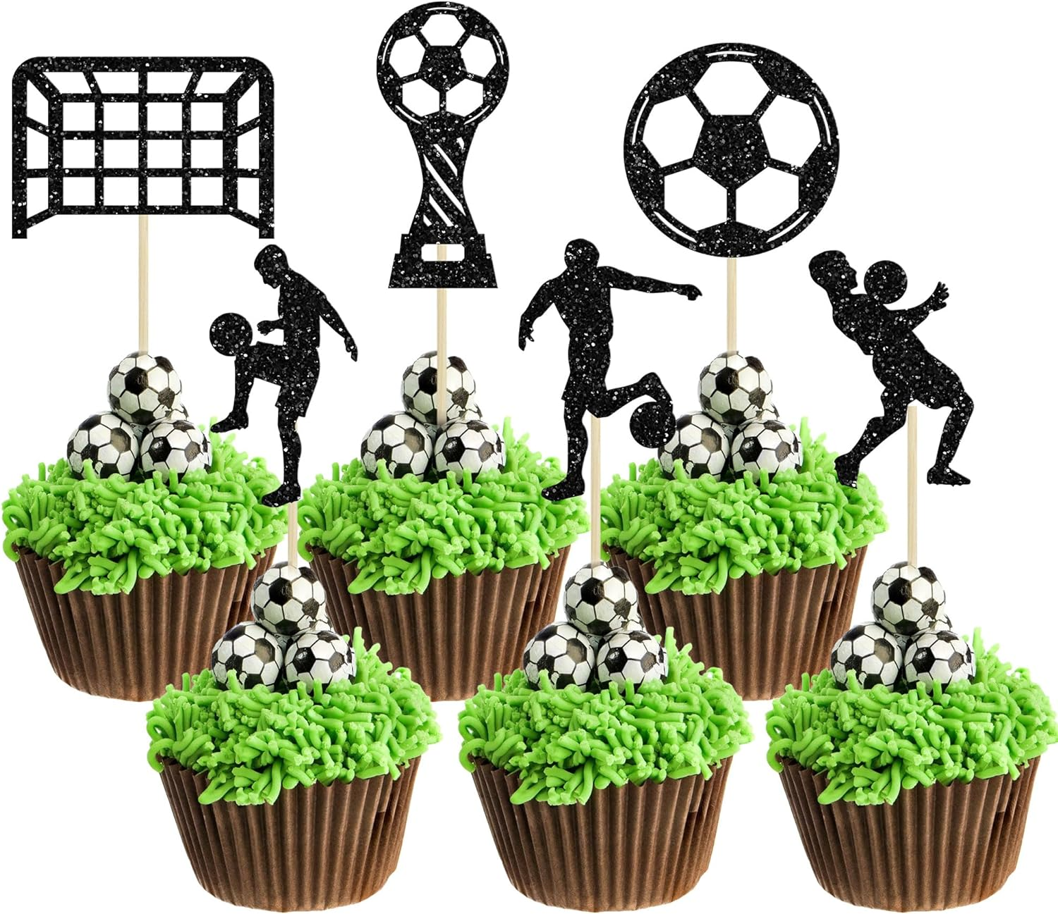 24Pcs Soccer Cupcake Toppers Glitter Soccer Ball Cupcake Picks Sport Cake Decorations Football Theme Birthday Party Baby Shower Kids Boys Men Birthday Party Favors Supplies Black