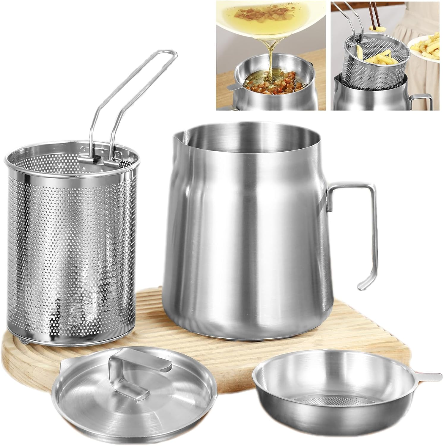 AVOWB.T.Q 304 Stainless Steel Oil Strainer Pot, 2.0L Large Capacity Versatile Oil Filter Vessel,Bacon Grease Saver with Fine Mesh Strainer and Frying Basket Frying Net for Kitchen image number 3