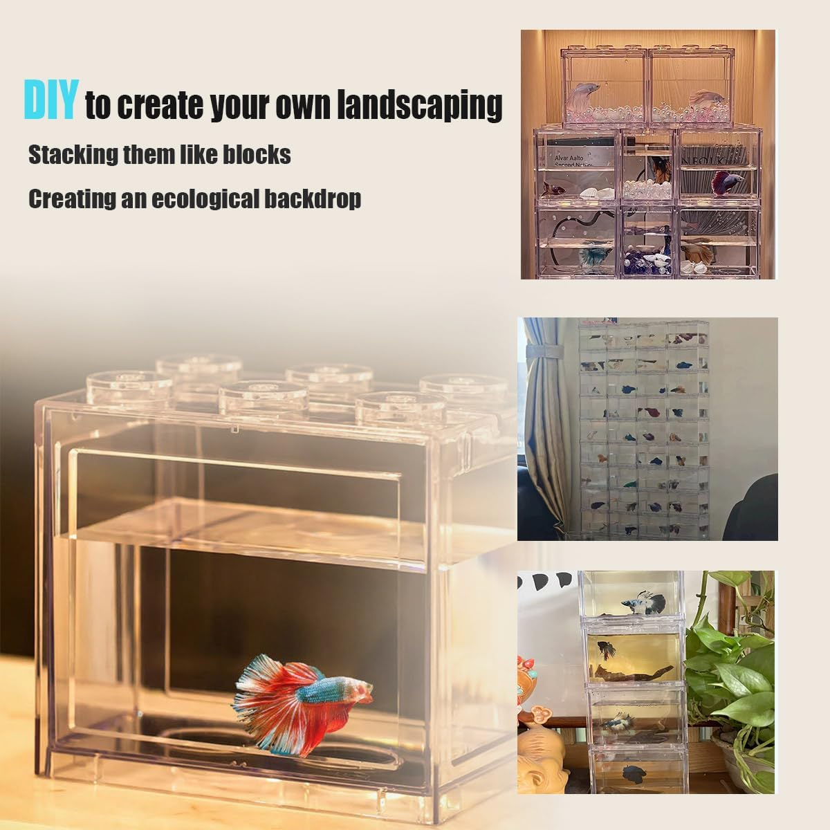 Small Fish Tank, Mini Fish Bowl, 0.3 Gallon Stackable Betta Fish Tank, Desktop Aquarium Tank, Perfect for Small Aquatic Animals, Seaweed Balls, Home Office Decoration(Unfiltered) image number 2