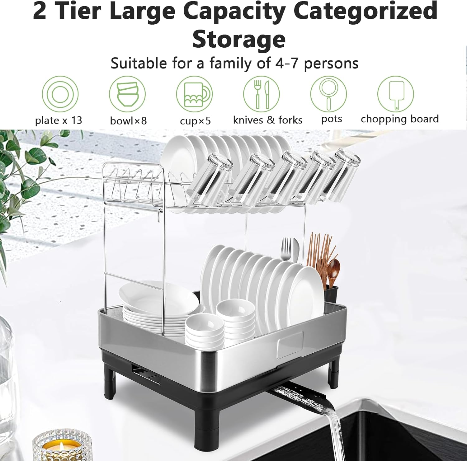 2 Tier Dish Drying Rack, 304 Stainless Steel Dish Drainer for Kitchen Counter, Extra Large Dish Rack with 360&deg; Rotatable Drain Spout & Cup Holder image number 1