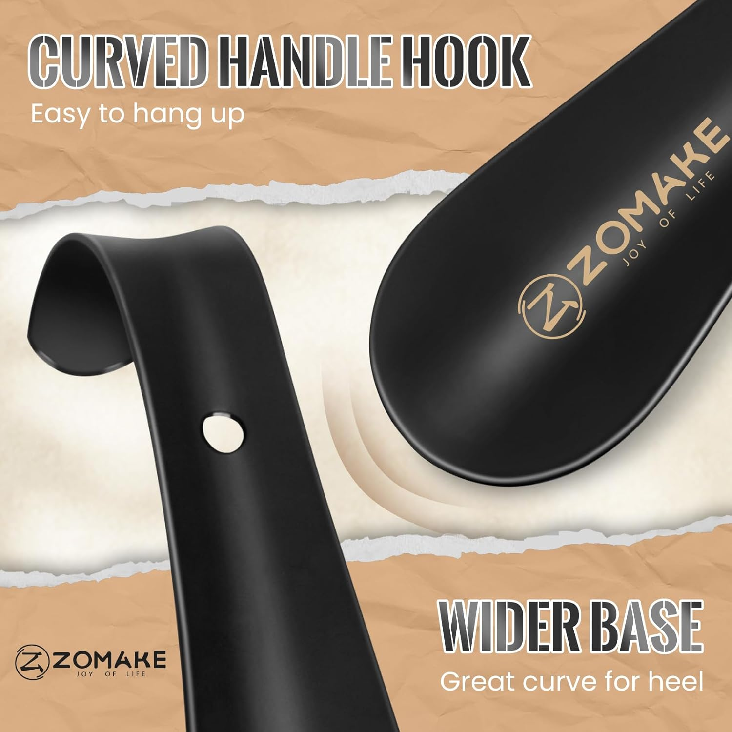 ZOMAKE Metal Shoe Horn Small Shoehorn 5.9 Inch - Travel Shoe Horns Stainless Steel Shoehorns Comfortable Handle with Hook for the Elderly Kids Men Women - Black/1Pcs image number 3
