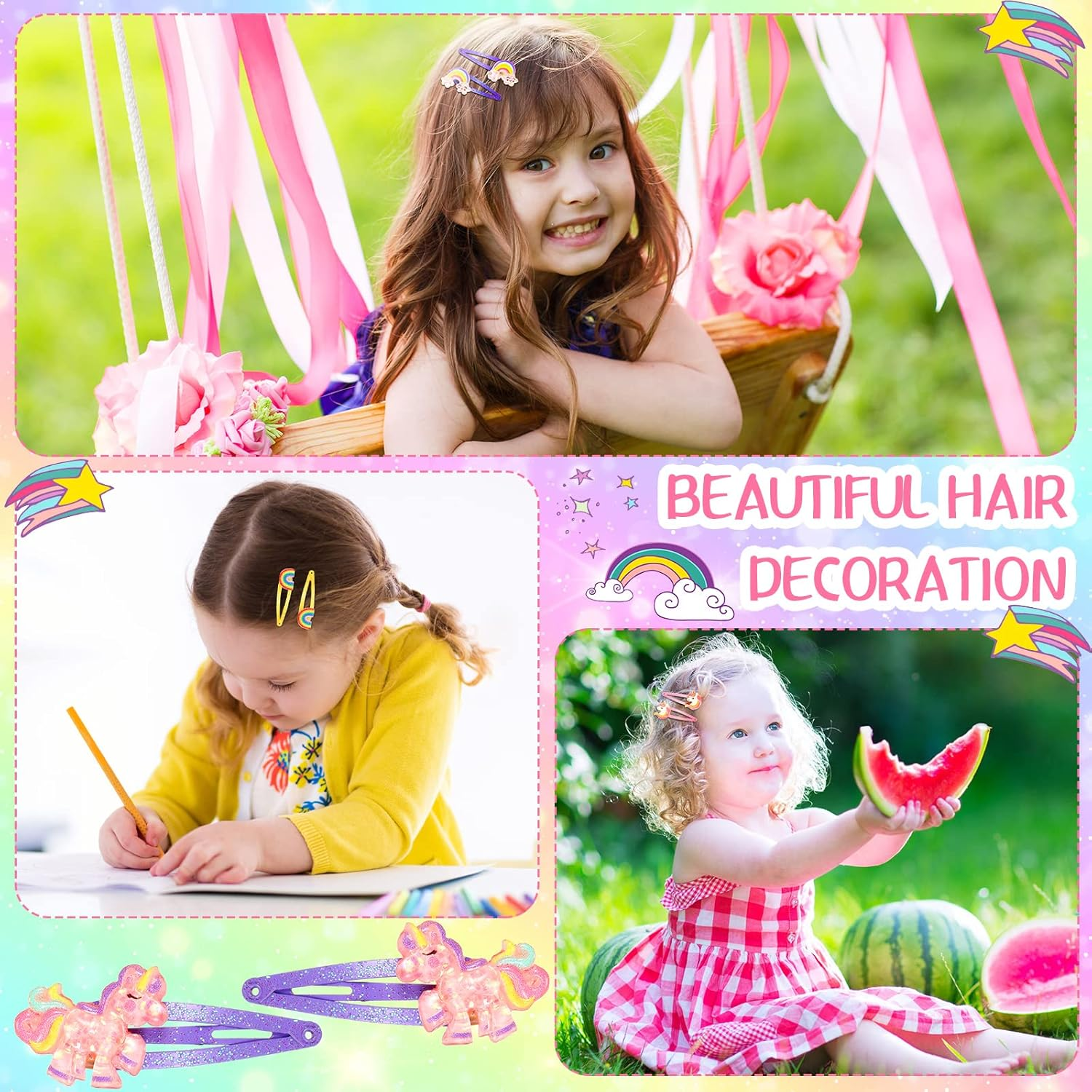 Hanaive 24 Pcs Rainbow Unicorn Clips Metal Clips Butterfly Snap Barrettes Cute Mermaid Hair Pins Sparkly Animal Hair Accessories for Toddlers Little Girls Birthday Party Gifts(Rainbow Pattern) image number 1