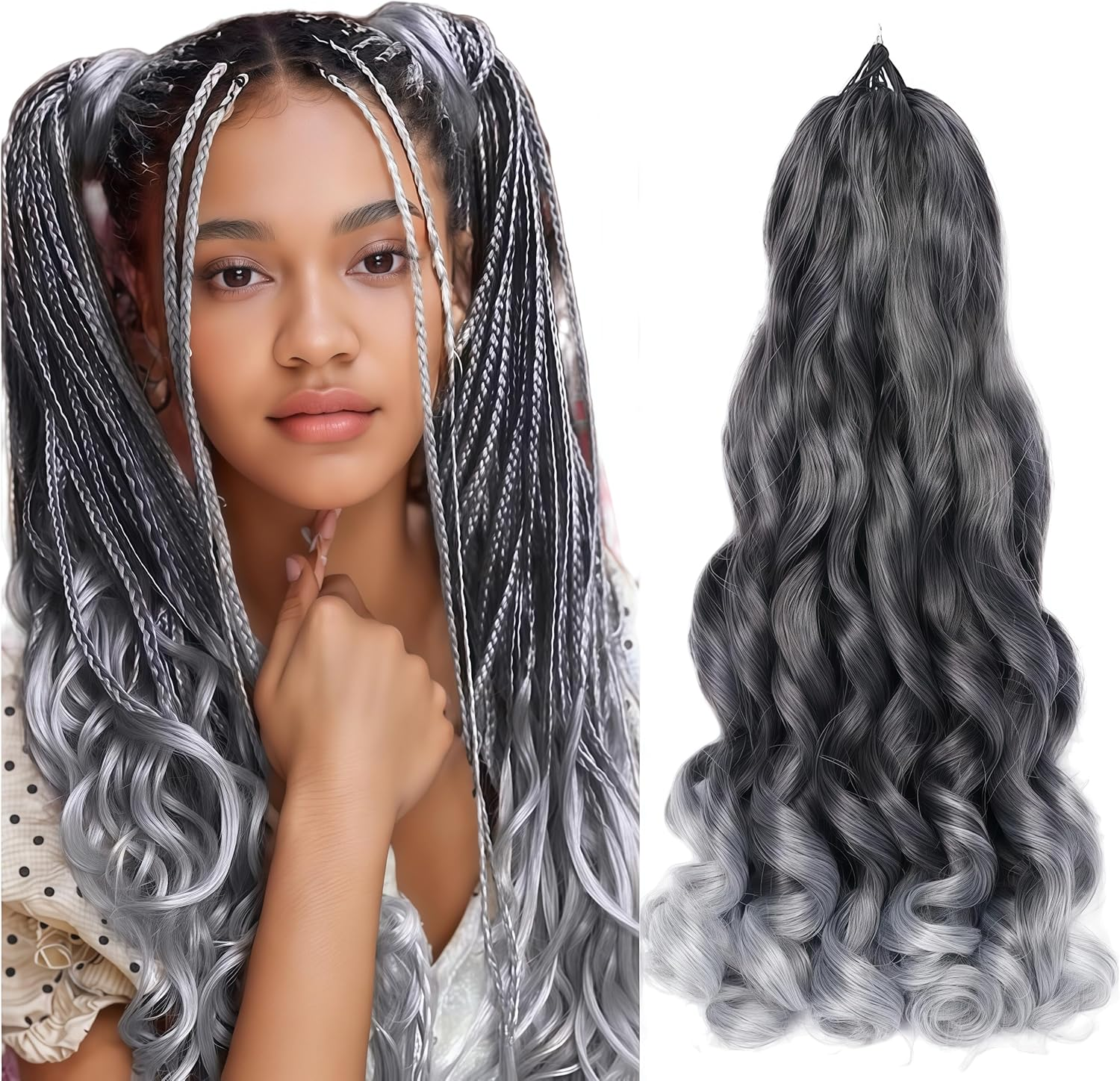 French Curl Braiding Hair 24 Inch Pre Stretched Loose Wave Bouncy Braiding Hair 6 Packs Spanish Curl Braiding Hair Extensions(Tgray) image number 1