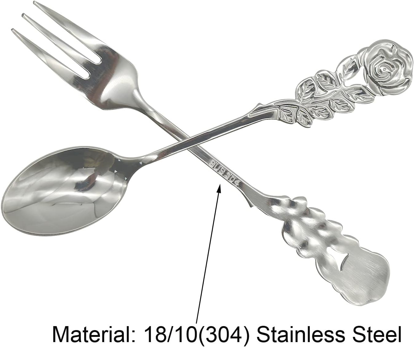 Pinenjoy 2Pcs Rose Handle Spoon Fork Set 4.72 Inch 18/10(304) Stainless Steel Flatware for Coffee Tea Dessert Ice Cream Salad Appetizer image number 1