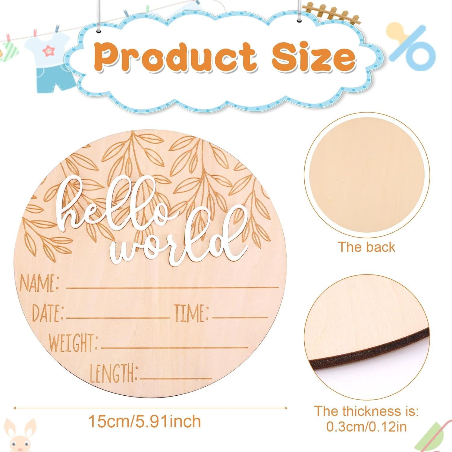 Birth Announcement Sign, Wooden Hello World Newborn Sign Baby Announcement Plaque Newborn Baby Name Board for Photo Props Baby Shower Hospital Nursery image number 3