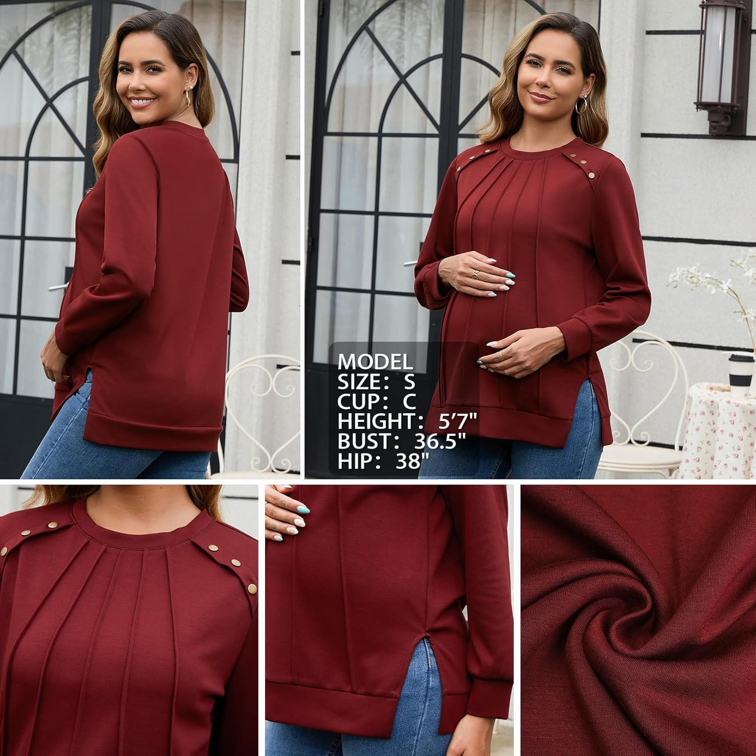 DEBELLY Maternity Sweatshirt Long Sleeve Button Side Split Fall Pregnancy Tops in Front Pleated for Women image number 6