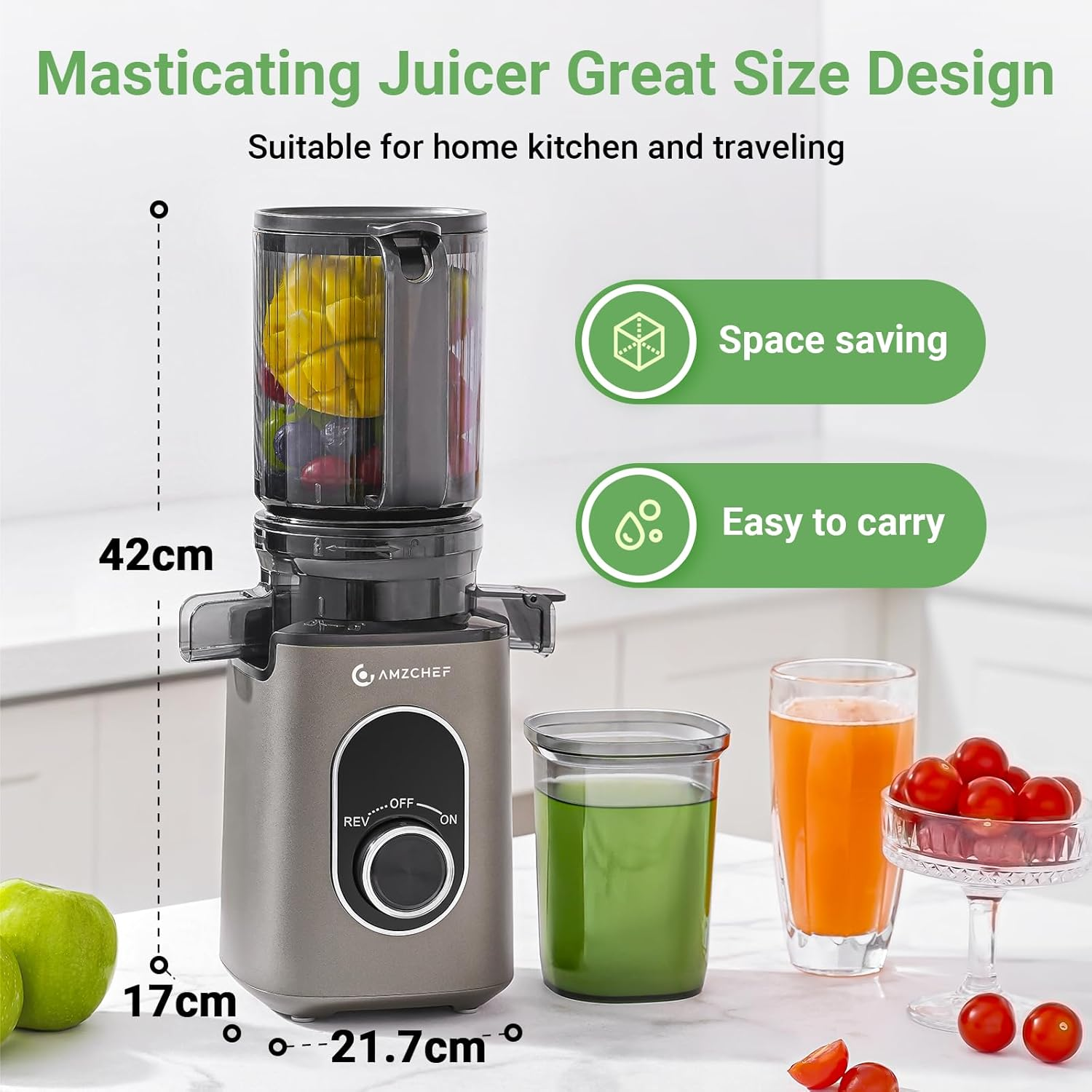 AMZCHEF Cold Press Slow Juicer with 1.5L and 110Mm Feeding Chute for Whole Fruits and Vegetables, Masticating Juicer Machine with High Juice Yield and Reverse Function, Easy to Clean, Bpa-Free image number 1