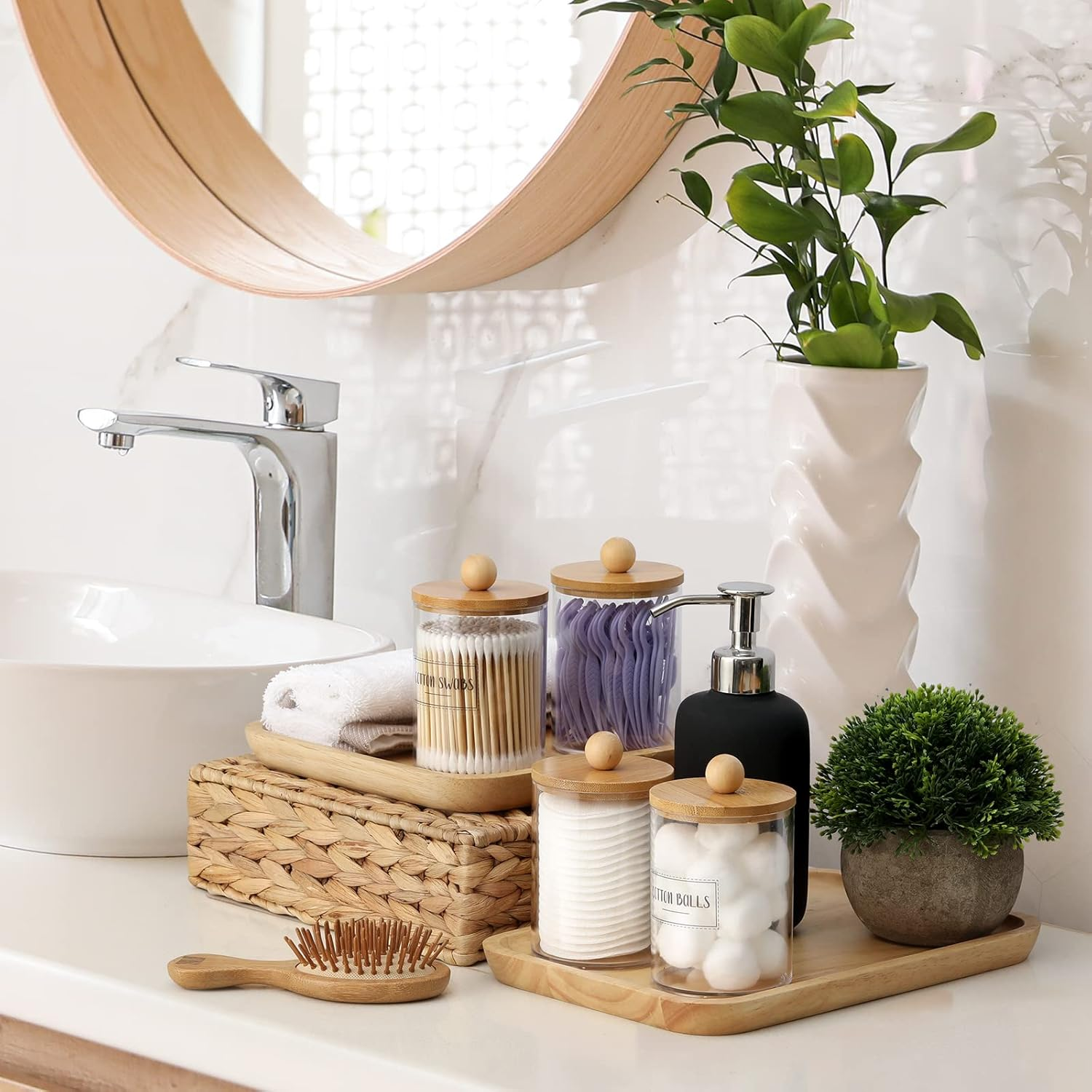 6-Pack Bamboo Qtip Holders - Bathroom Storage for Cotton Balls, Swabs, Pads, Floss image number 1