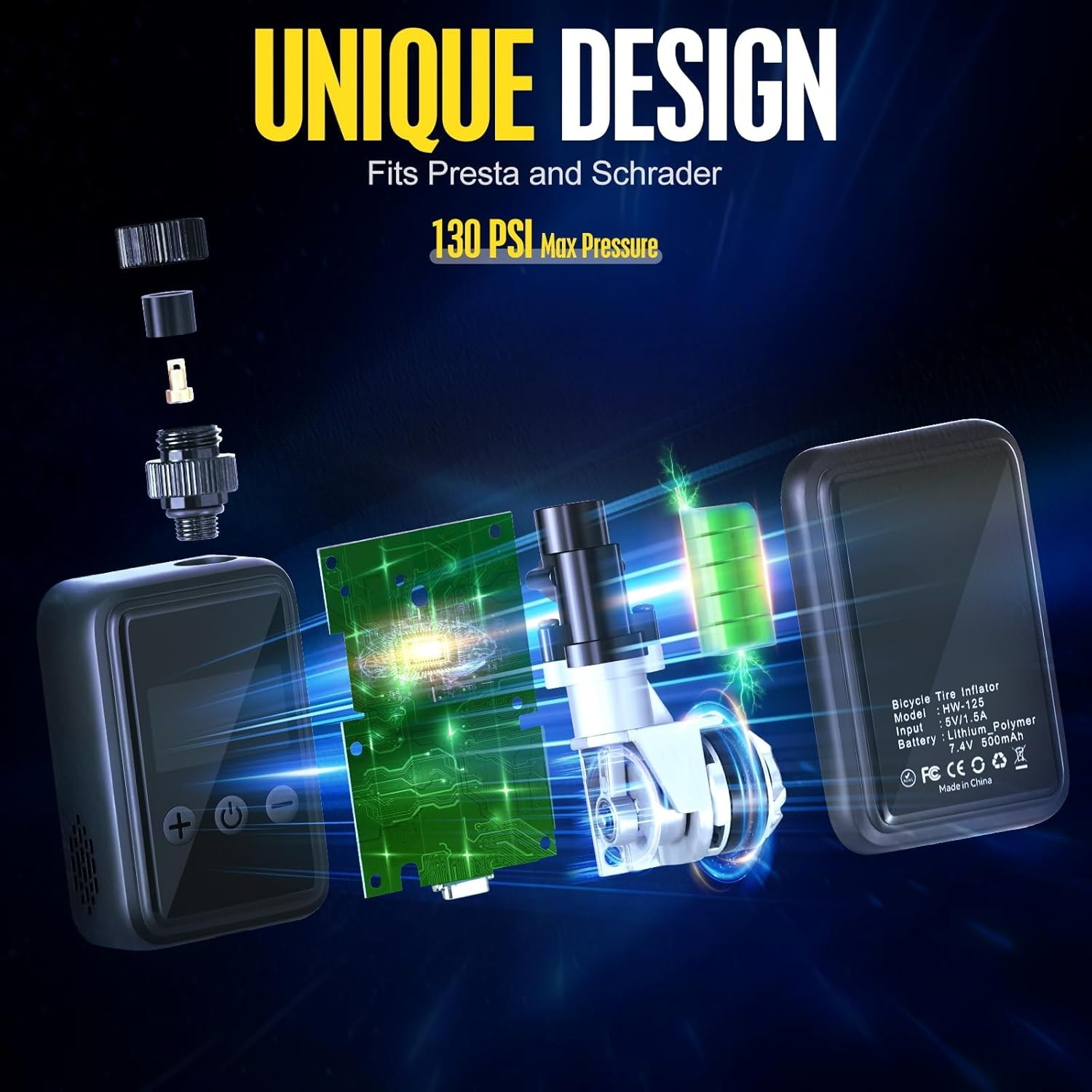 Bike Pump Electric Portable Bicycle Pump, 120 PSI Mini Tire Pump with Digital PSI Pressure Gauge, Tire Inflator Bike Air Pump Auto Shut-Off with Presta, Schrader Valve, 500Mah image number 2