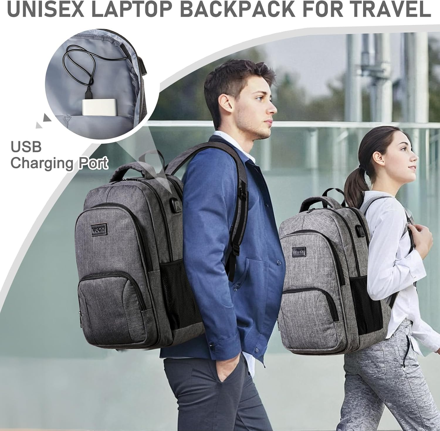 Laptop Backpack, VASCHY Water Resistant Business Travel Backpack for Men Women with USB Port College School Computer Bag Fits 15.6 Inch Laptop Light Gray image number 2