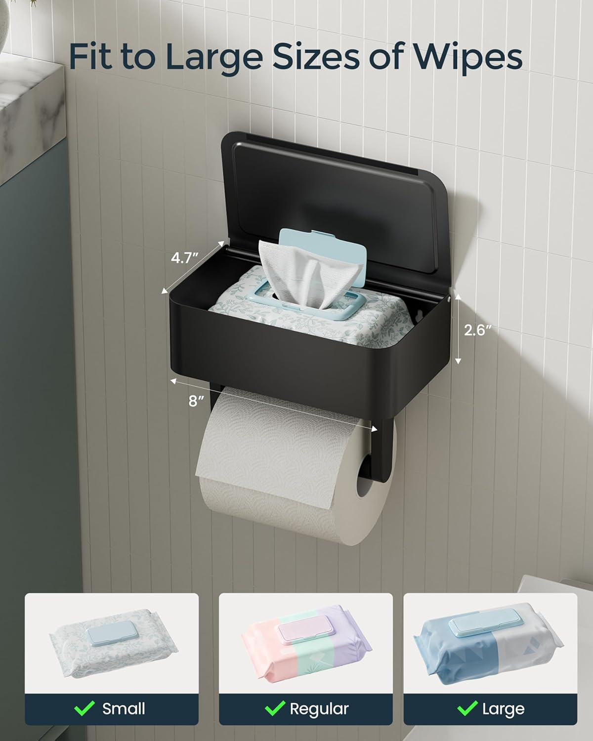 WZKALY Toilet Paper Holder with Shelf - Flushable Wipes Dispenser & Storage Fits Any Bathroom, Keep Your Wet Wipes Hidden - Stainless Steel Wall Mount Bathroom Organizer -（Matte Black, Regular Roll） image number 4