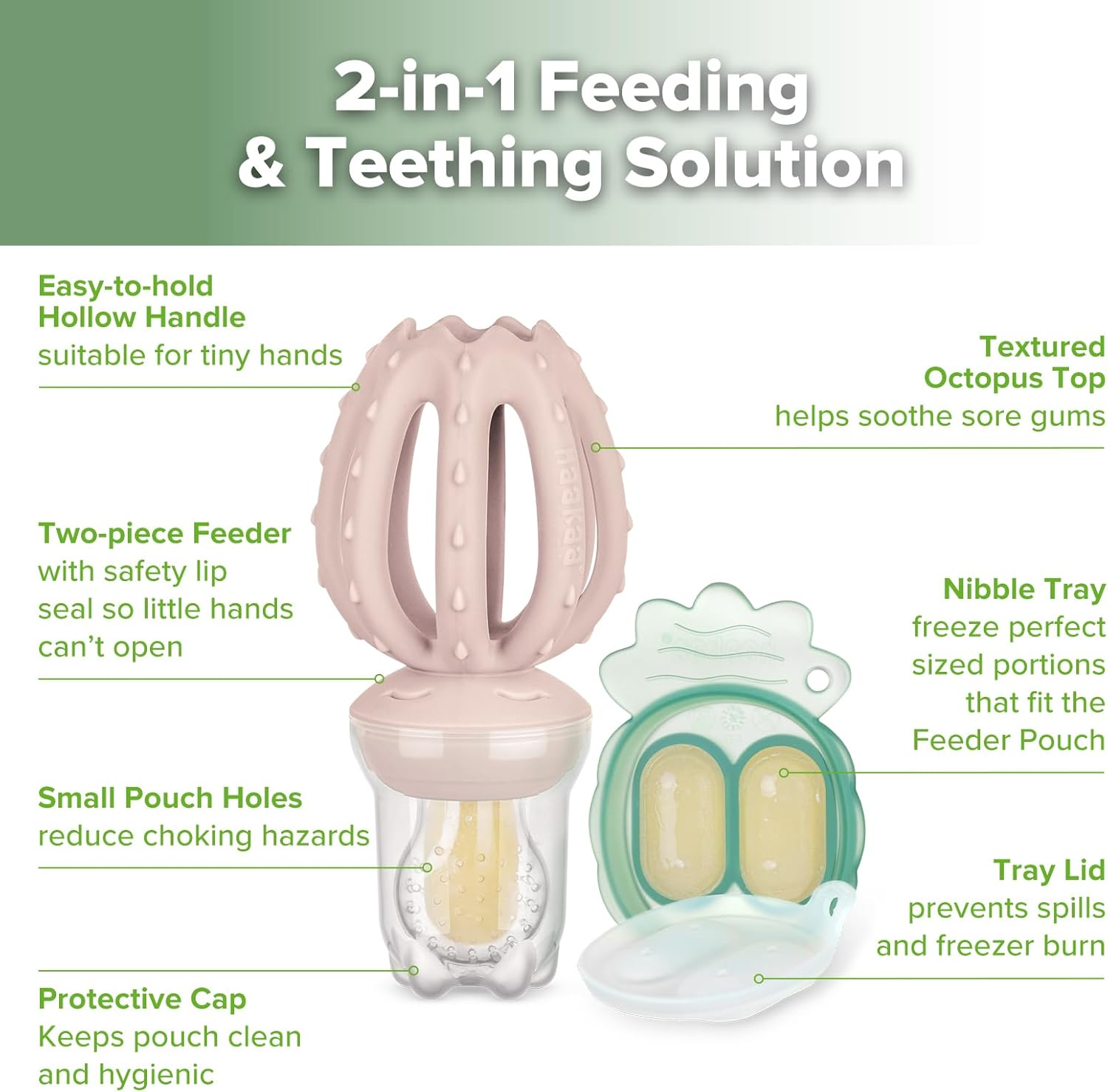 Haakaa Octopus Baby Fruit Food Feeder & Mini Freezer Nibble Tray Combo, Breastmilk Popsicle Molds for Cooling Relief, BPA Free Silicone Feeder for Safe Infant Self Feeding, 4 Month+ (Blush) - Mustard image number 3