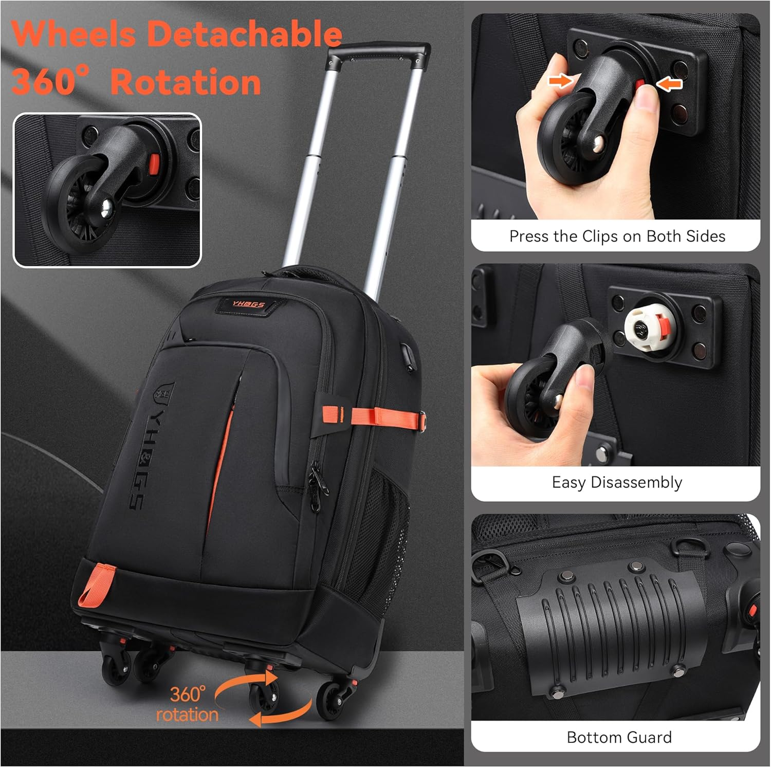 RUCYEN Rolling Backpack, Rolling Wheeled Backpack for Men Women, Black, 22 Inch, Travel image number 3