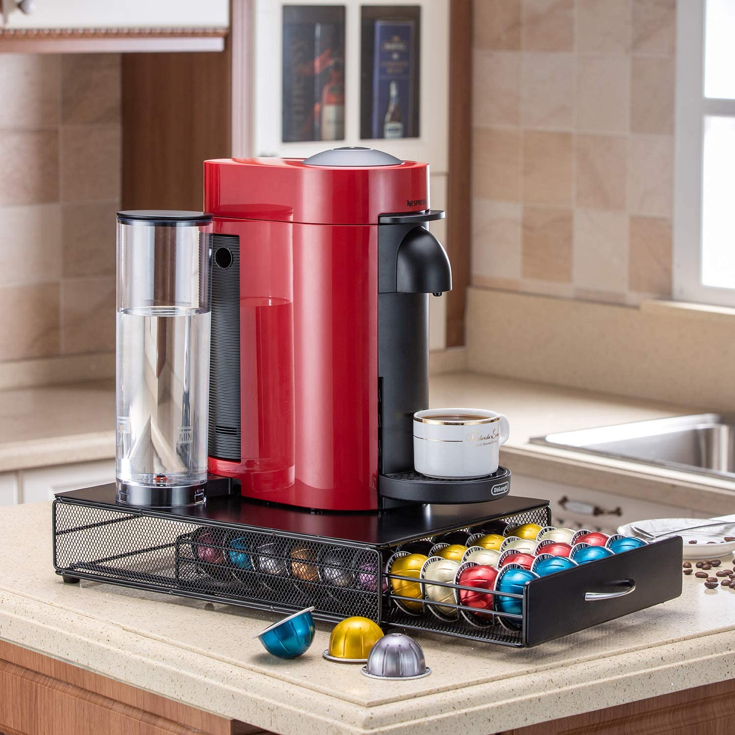 Coffee Pod Holder Stand Revolving Capsules Storage Rack for Nespresso Vertuoline (40 Pods Iron Drawer)