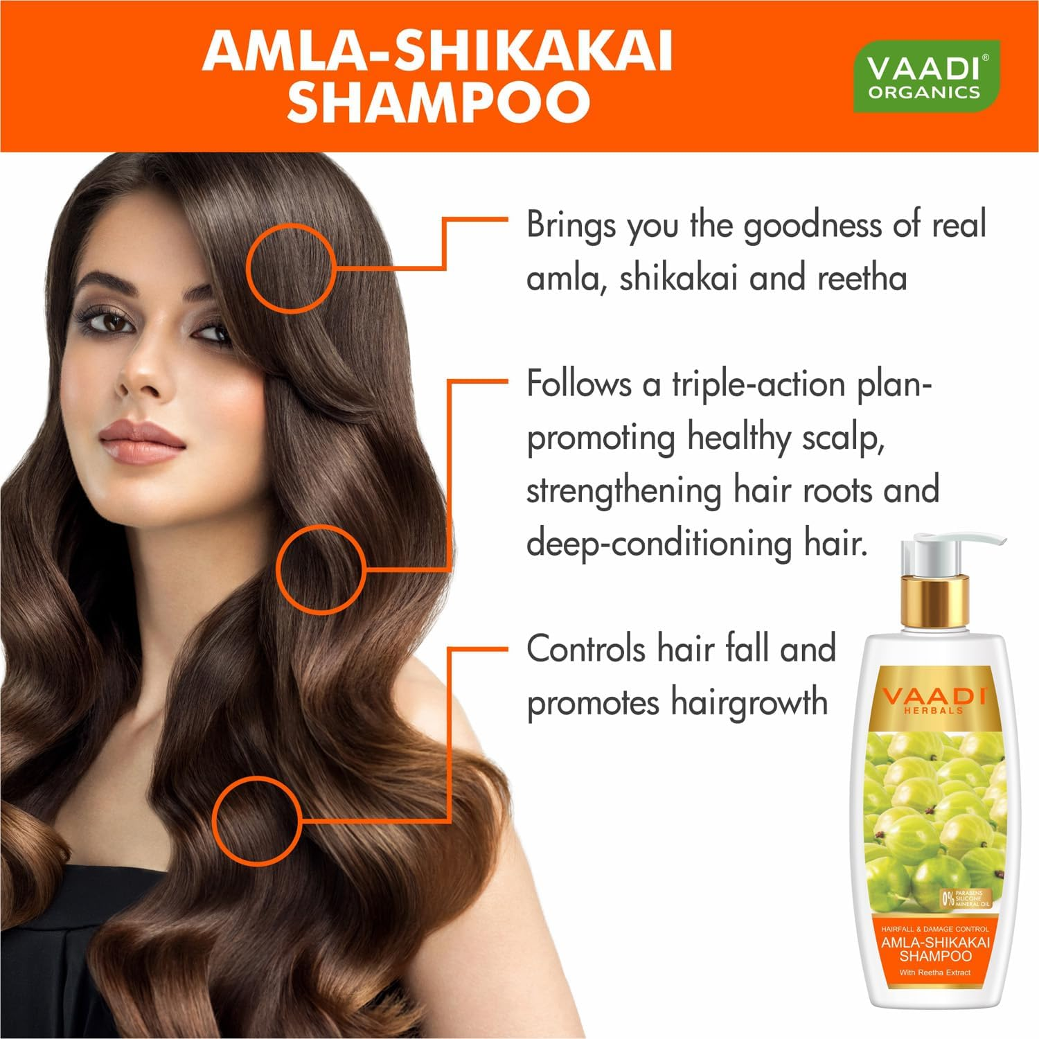 Amla with Shikakai and Reetha Shampoo - Hair Fall Control Shampoo - All Natural Herbal Shampoo - Shampoo for Hair Loss - Shampoo for Oily Hair - 350Ml - Vaadi Herbals image number 1