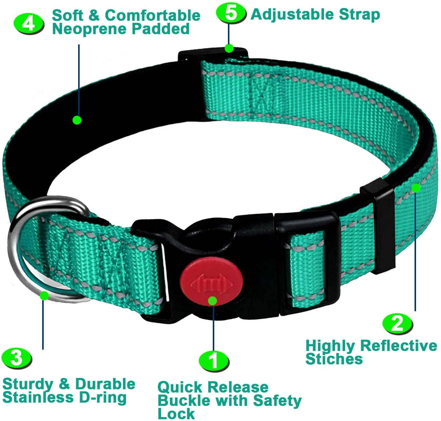 Dog Collar, Reflective Adjustable Basic Dog Collar with Soft Neoprene Padding, Durable Nylon Pet Collars for Puppy Medium Dogs