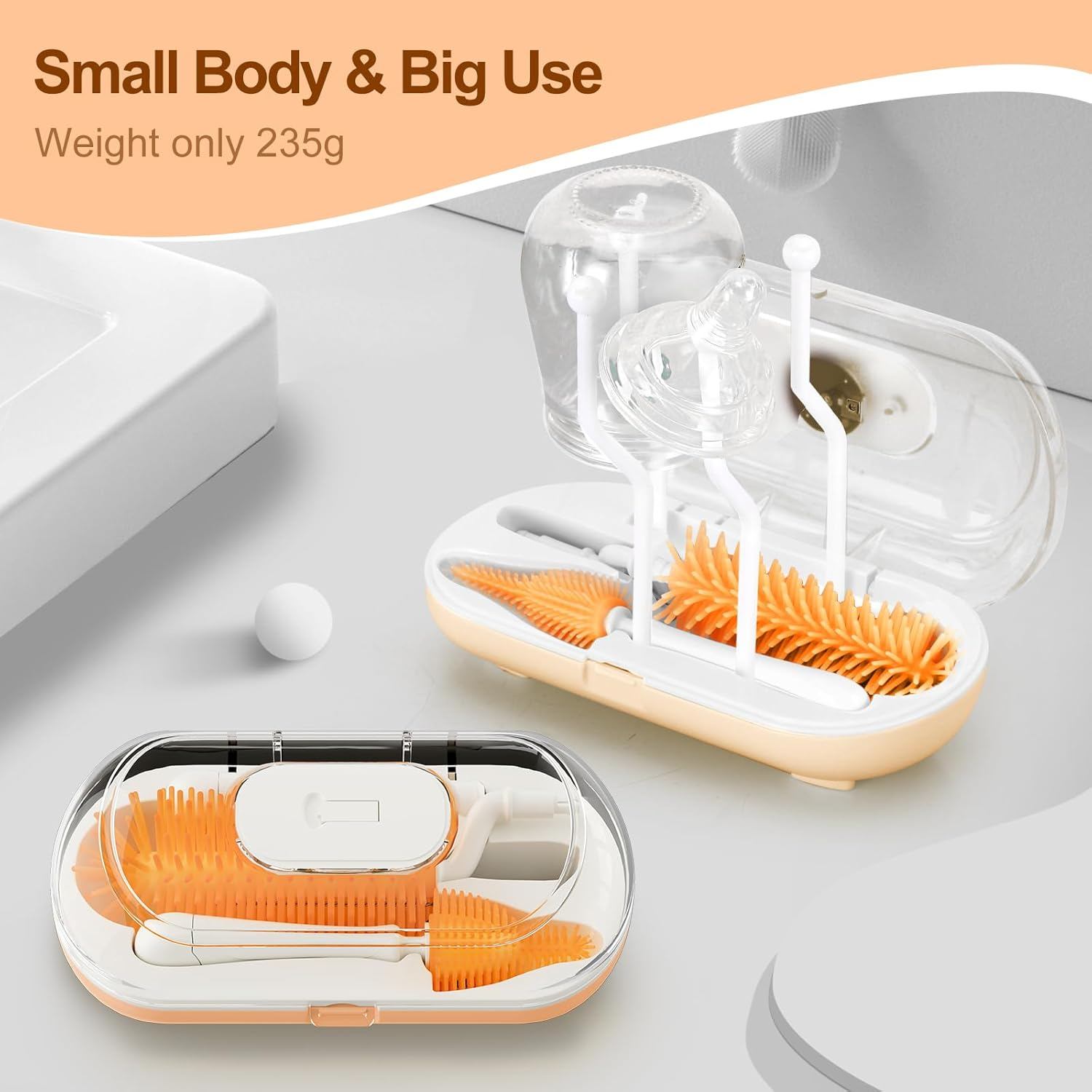 Baby Bottle Brush Set,Travel Bottle Cleaner Kit with UV Light,Silicone Bottle Brush,Nipple Brush,Straw Cleaner,Drying Rack,Baby Bottle Brushes for Cleaning,Baby Essentials for Home and Travel,Orange image number 1