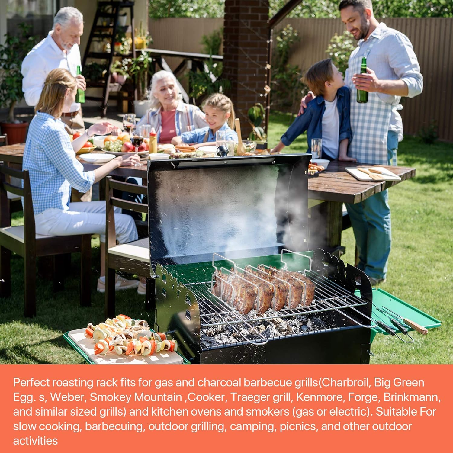 Durable Stainless Steel Rib Rack with a Silicone Oil Brush, BBQ Stand with 2 Handle for Smoker,Oven and Grill, Cook up to 5 Ribs at a Time