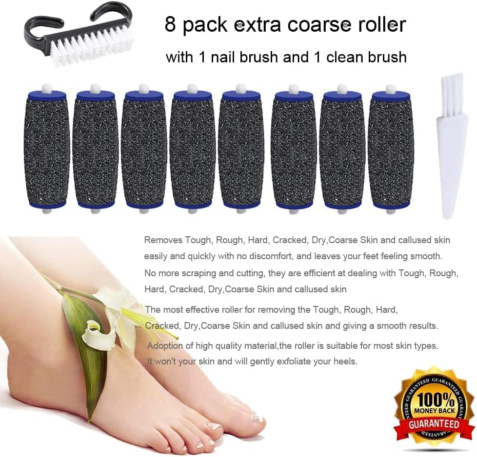 8 Pack Extra Coarse Replacement Rollers for Amope Pedi Refills Electronic Perfect Foot File Pedi Hard Skin Remover Refills Include 1 Nail Brush 1 Clean Brush