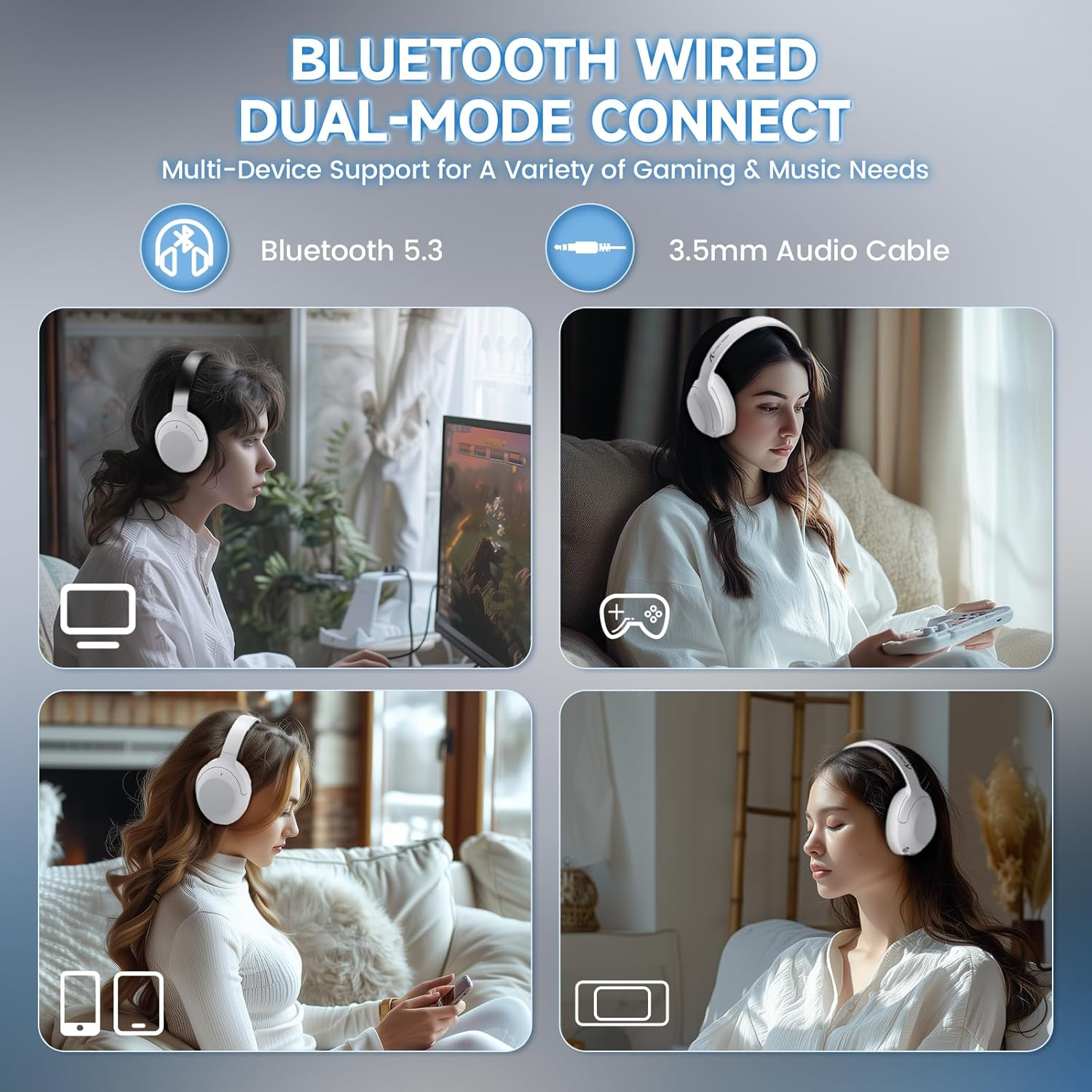 X Attack Shark G300 Wireless Active Noise Cancelling Headset, Bluetooth 5.3 Deep Bass HD Stereo Sound over Ear, 20H Playtime, Built-In Mic Lightweight Design 3.5Mm Gaming Headset(White) image number 6