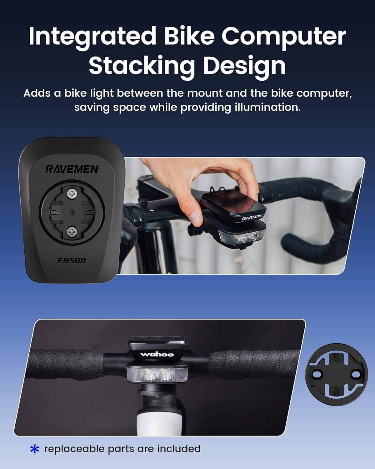 RAVEMEN FR500 Bicycle Headlight, Bicycle Light, Road Bike Light, Front Light, Suitable for Cycle Computers, 500 Lumens, Battery Check, Wahoo Parts Included, Auto On/Off, USB-C Charging image number 3