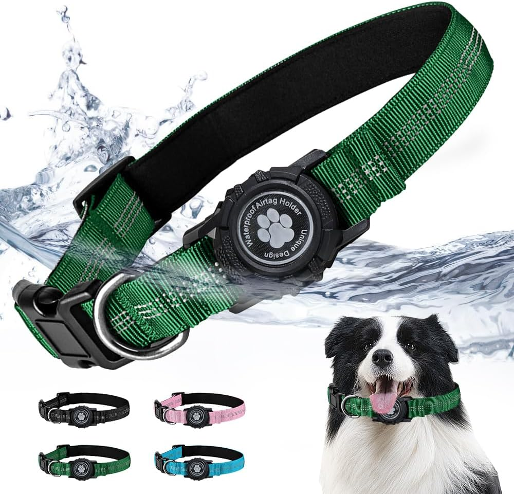 Reflective Air Tag Dog Collar with Waterproof Apple Airtag Holder for Small Medium Large Dog Locking Buckle Havey-Duty Nylon Dog Collars Blue XS