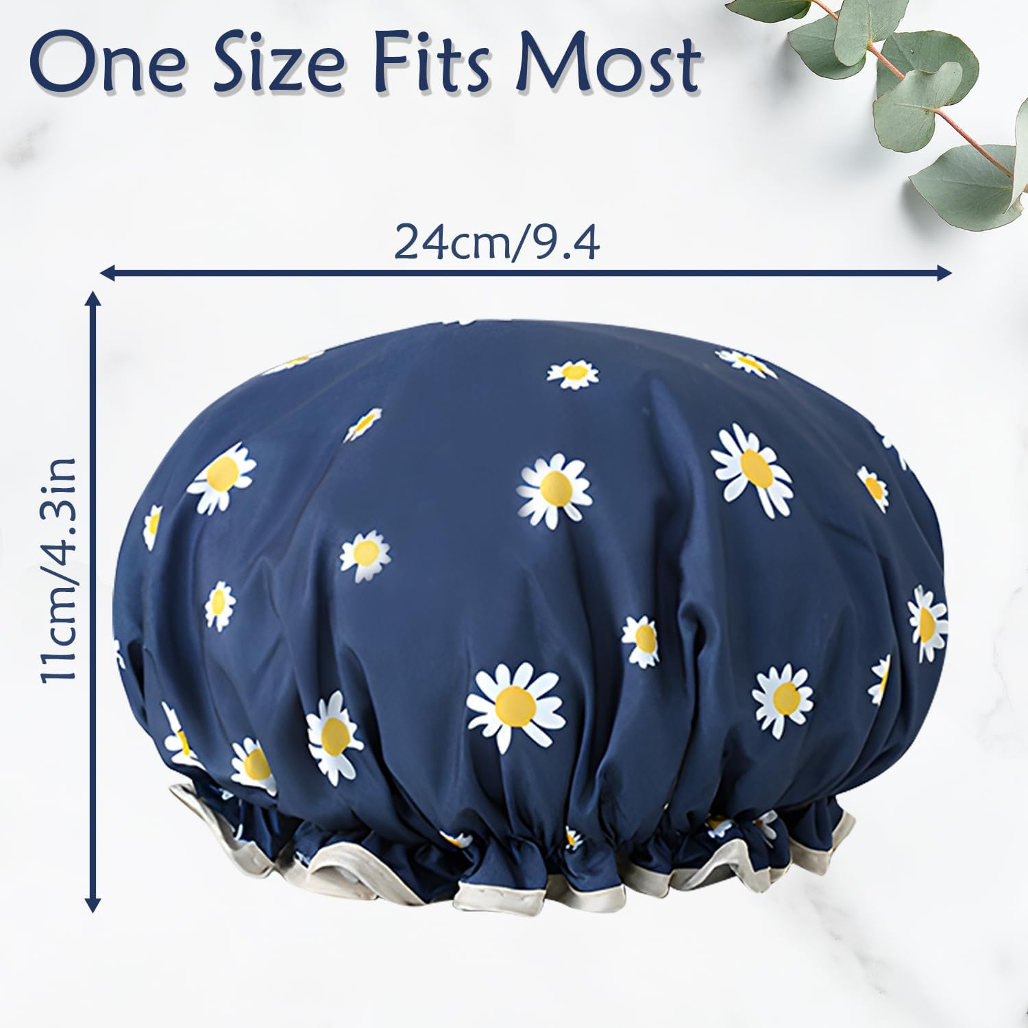 Women'S Double Layer Waterproof Shower Cap with Floral Pattern for Long Short Curly Hair (Blue)