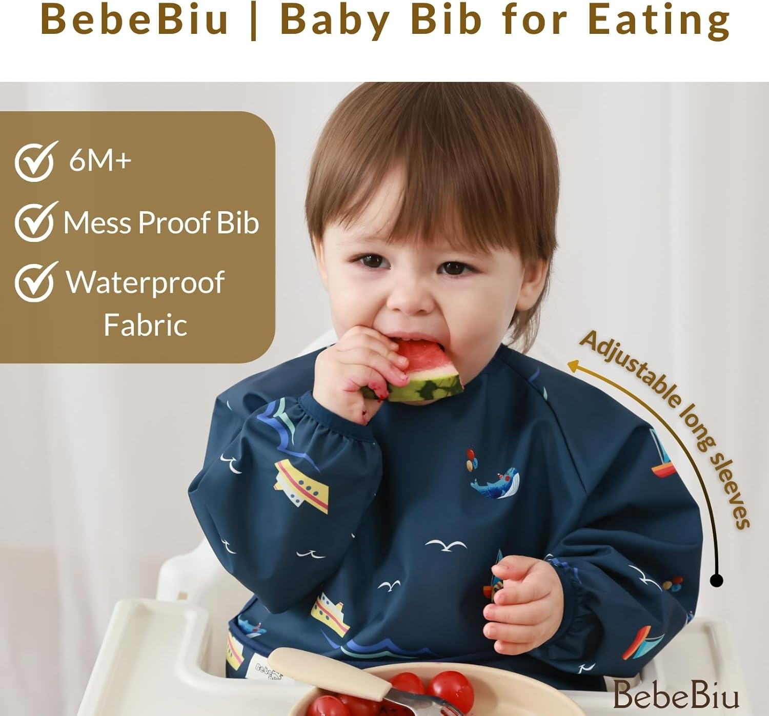 Bebebiu Long Sleeve Baby Bib, Waterproof Fabric, Full Coverage with Catch-All Pocket, 2Pk Baby Smock Bib, Adjustable Sleeves Toddler Bib for Ages 6-24 Months