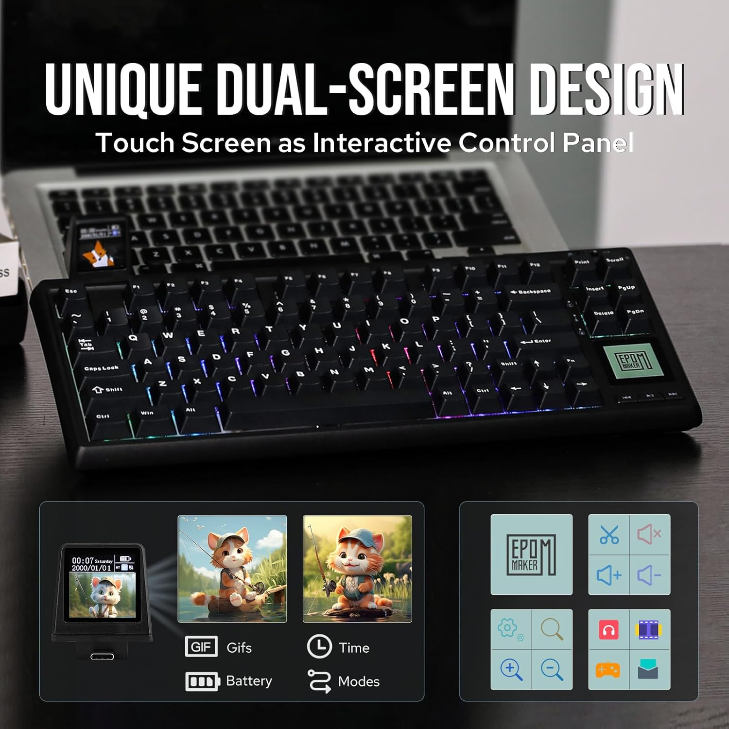 EPOMAKER RT80 Wireless Gaming Keyboard, Tri-Mode 75% Mechanical Keyboard, Hot-Swap Creamy Custom Keyboard, with Touch Screen and Mini Display, NKRO for Office Game (Black, Wisteria Linear Switch) image number 6