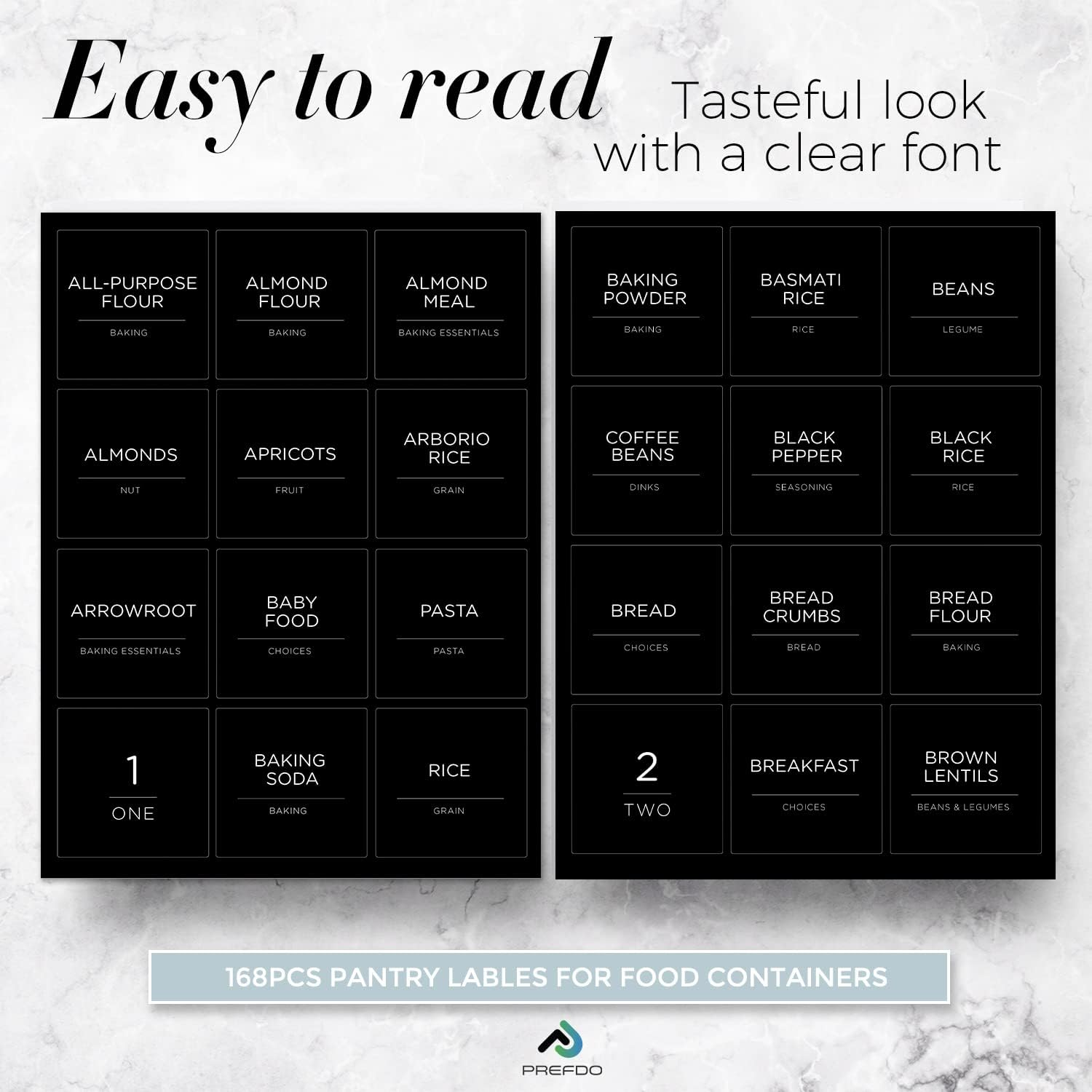 168 Pantry Labels, Prefdo Minimalist Farmhouse Waterproof Preprinted Food Name Stickers + Numbers for Kitchen Organization Storage Containers, Jars & Canisters (Black) image number 3