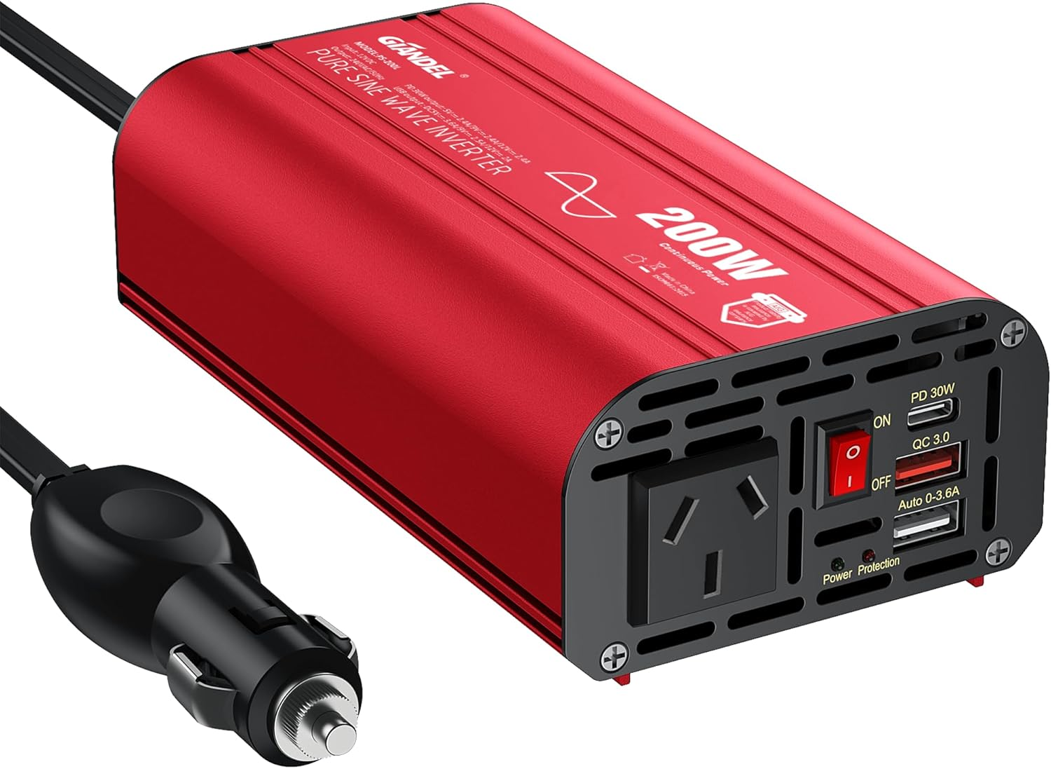 GIANDEL Pure Sine Wave 200 Watt Power Inverter DC 12V to AC 240V Car Adapter with Type-C PD30W and QC3.0 USB Fast Charging for Tablets Laptops Smartphones