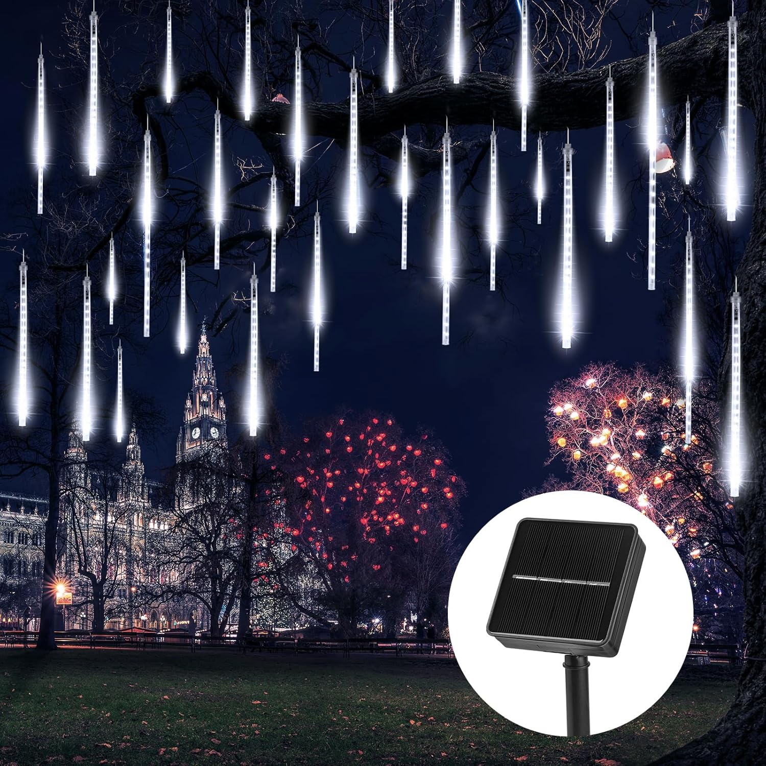 Solar Christmas Lights Outdoor Waterproof, Meteor Shower Lights Solar Powered, 16 Inches 8 Tube 288 LED Solar Icicle Tree Lights for Tree Bushes Holiday Parties Christmas Patio Decor, Pure White image number 5