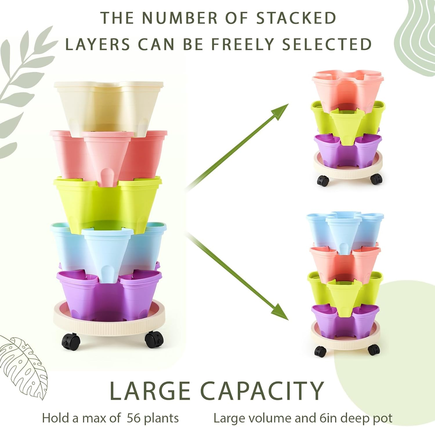 6 Tier Vertical Planter, Stackable Tower Planters, Strawberry Herb Flower and Vegetable Pots, Indoor Outdoor Gardening Pots with Removable Wheels and Vegetables Multicolor, Garden Planters (6PCS) image number 3