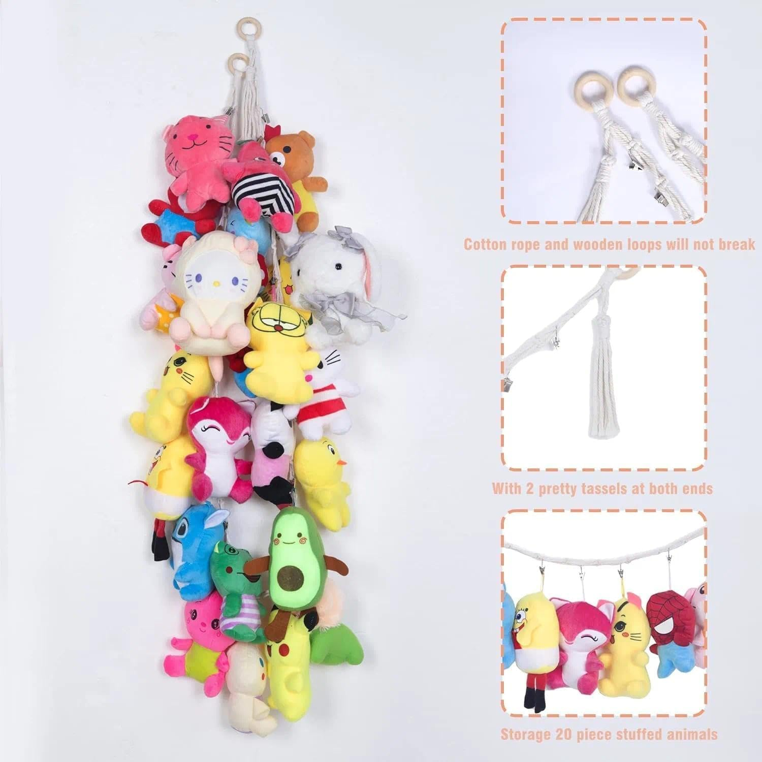80" Cotton Hanging Storage Chain for Stuffed Animals Storage with 20 Metal Clips Stuffed Animal Display Holder Chain for Wall or Corner Nursery Play Room image number 5