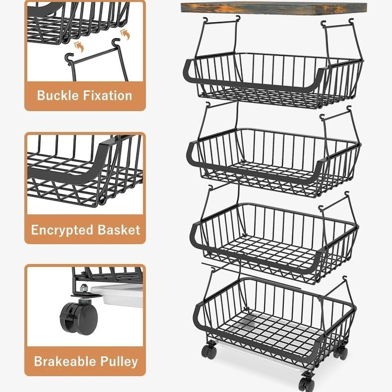 Baotkere 4 Tiers Shelf Metal Wire Baskets with Wheels, Kitchen Organizer, Stackable Storage Bins, Fruit and Vegetable Cart, Bathroom Tableware Rack image number 2
