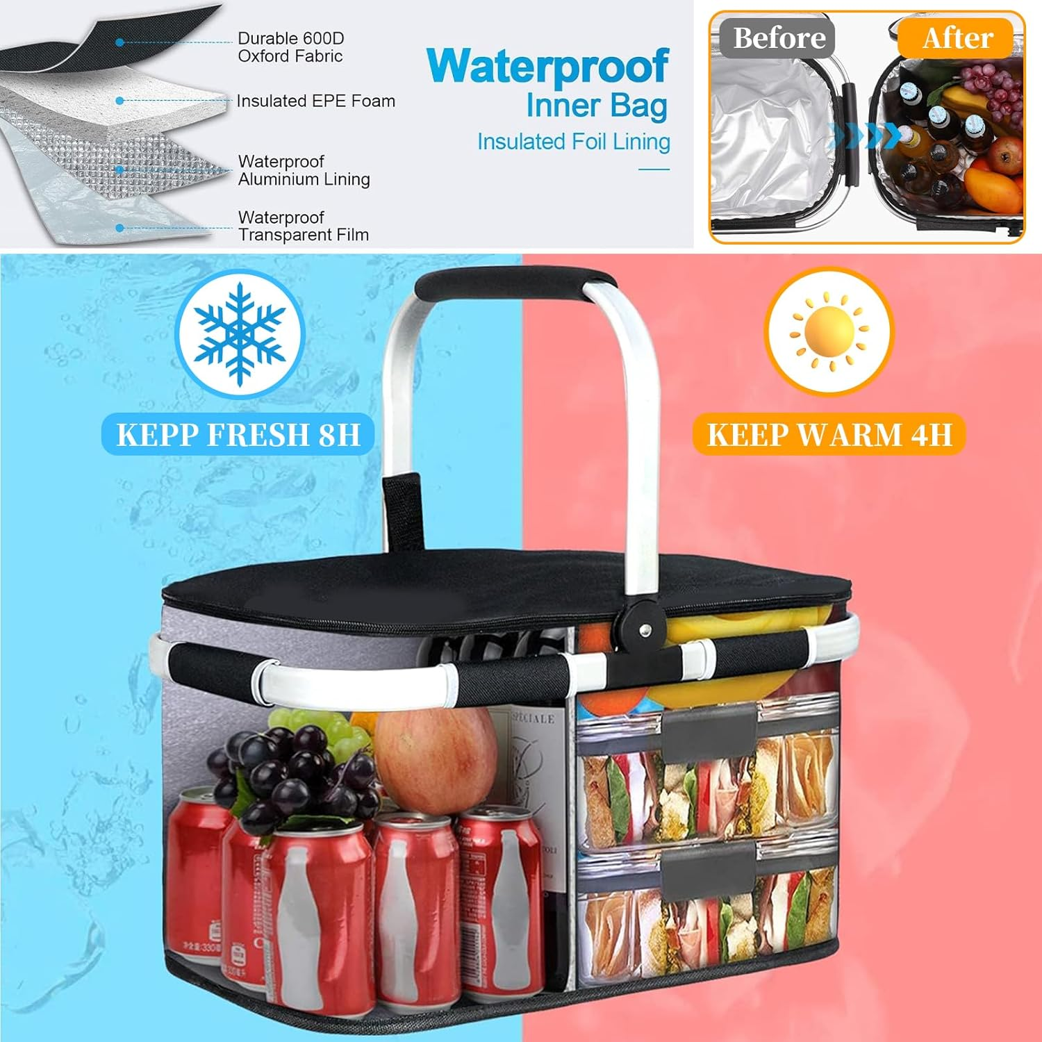 Insulated Picnic Basket with Handles, Portable Foldable Picnic Hamper, Collapsible Cooler Lunch Bag, Market Tote Bag, Food Storage Basket for Picnic Food Delivery Take Out Market Shopping Travel (BK) image number 4