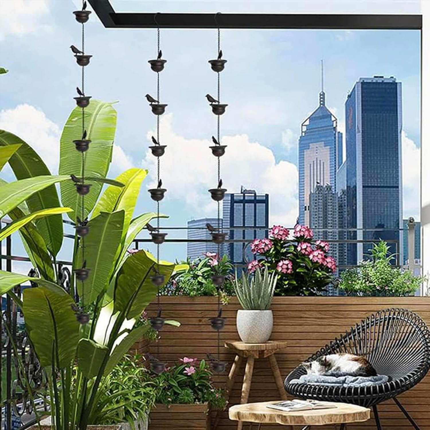 2.4 Meter Birds on Cup Mobile Rain Chain, Metal Rain Chain Bell with 8 Cups, Decorative Rain Catcher Chain Replacement Downspout for Gutters image number 2